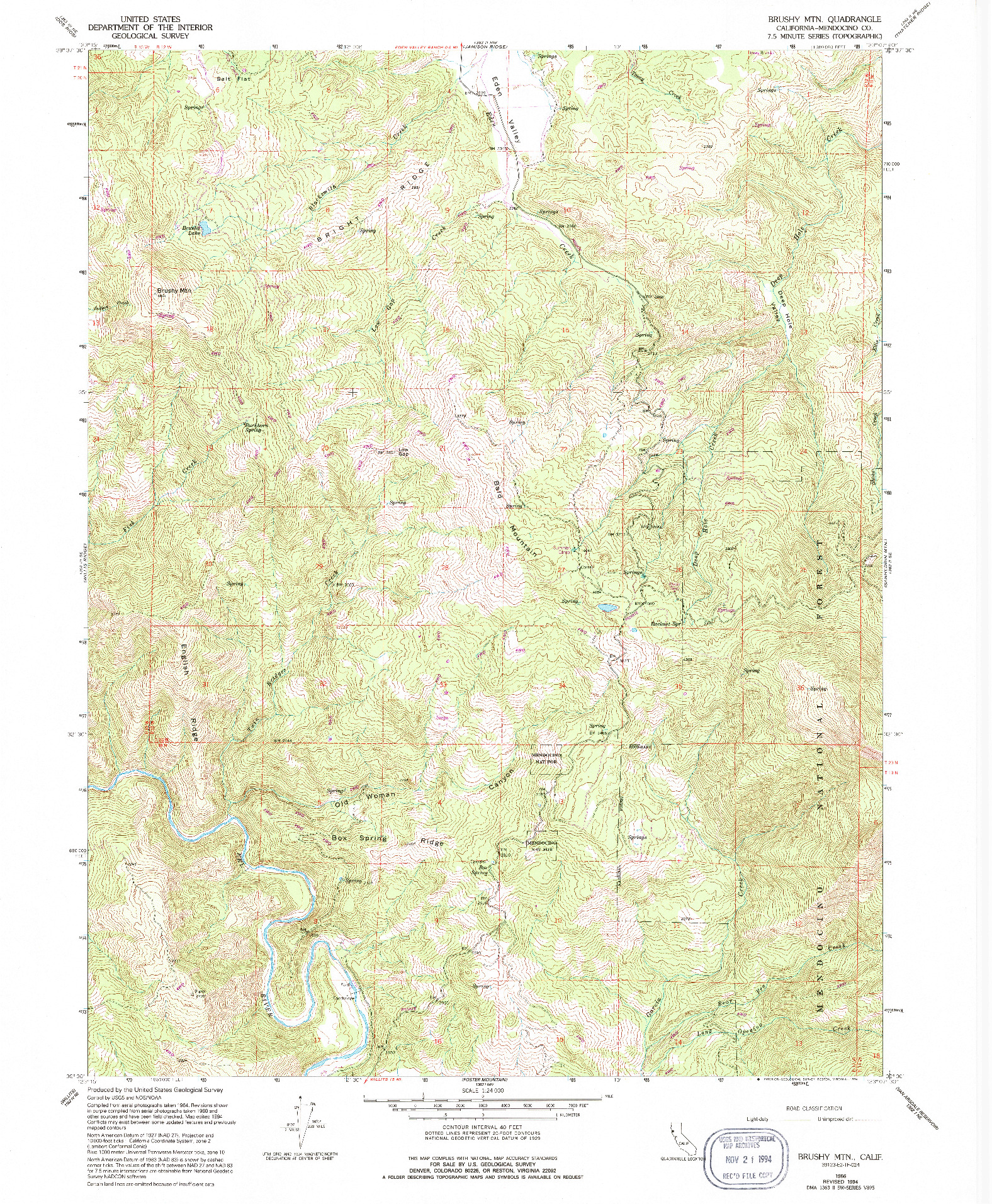 USGS 1:24000-SCALE QUADRANGLE FOR BRUSHY MTN, CA 1966