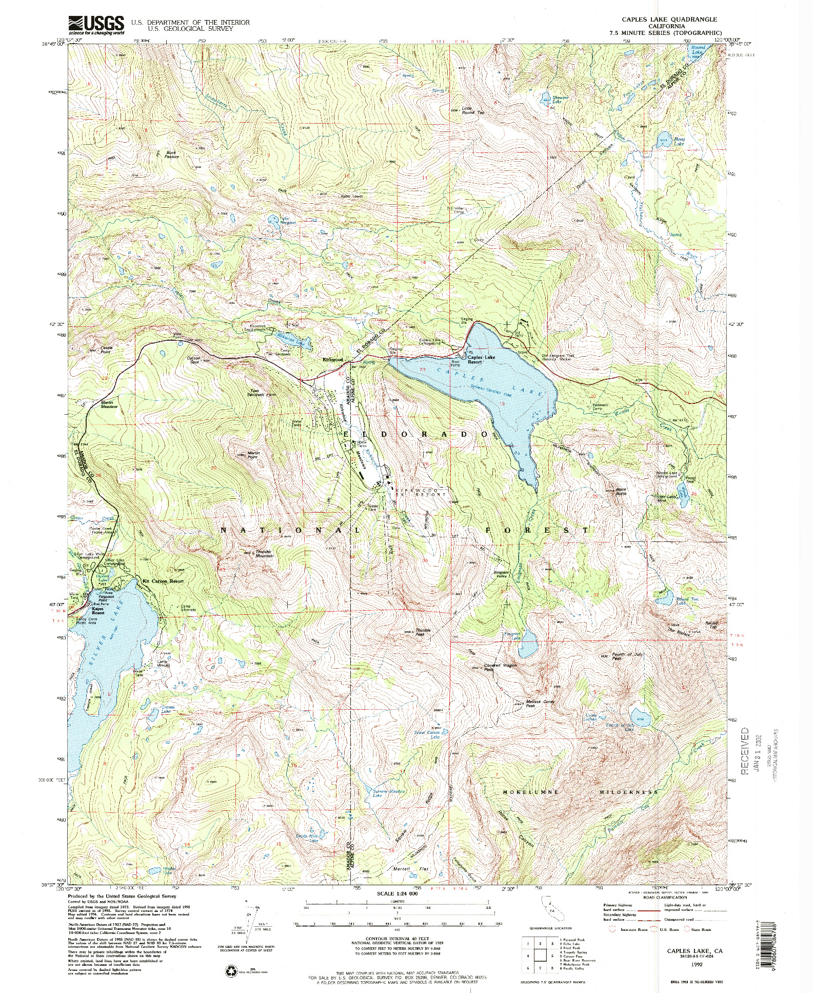 USGS 1:24000-SCALE QUADRANGLE FOR CAPLES LAKE, CA 1992