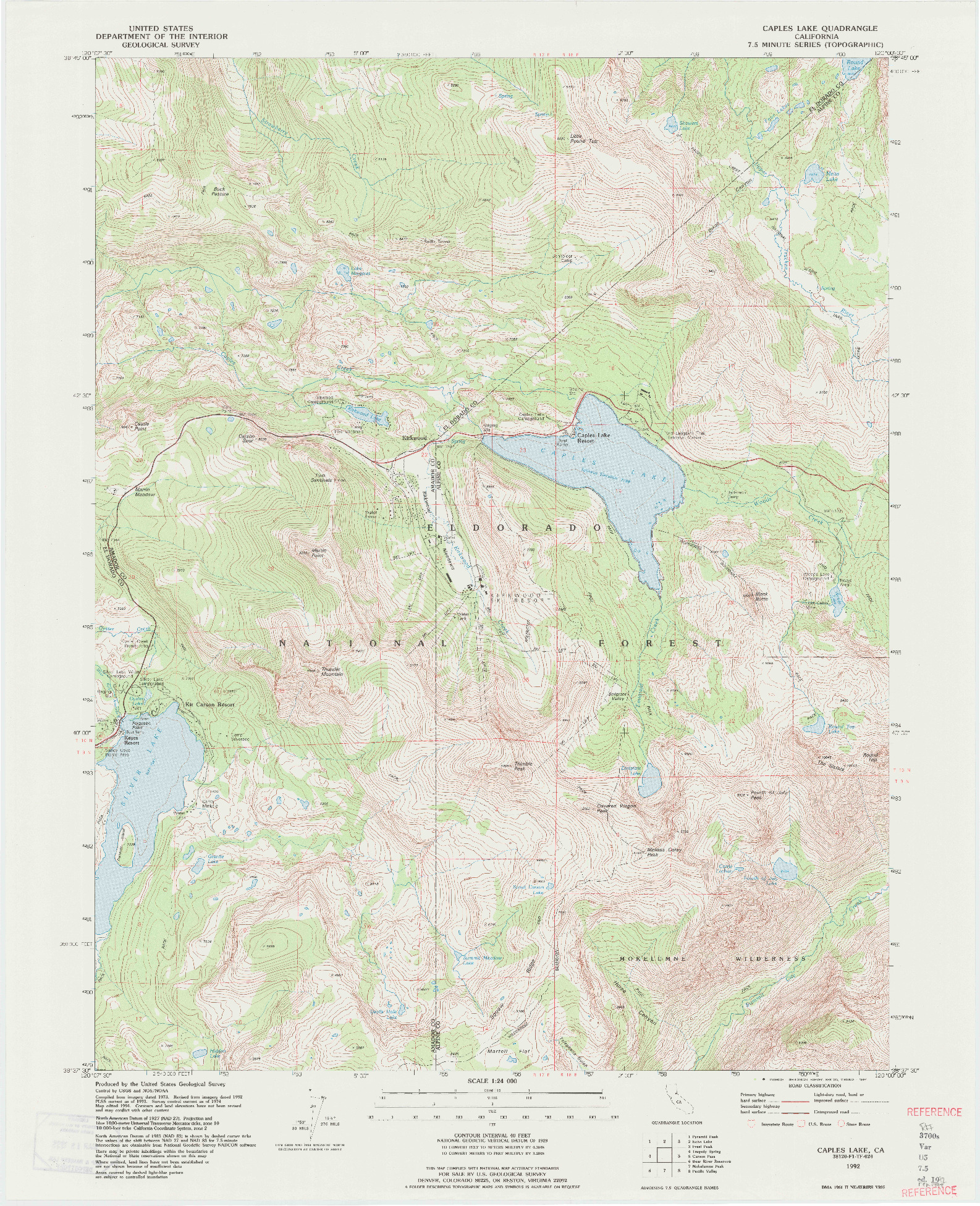 USGS 1:24000-SCALE QUADRANGLE FOR CAPLES LAKE, CA 1992