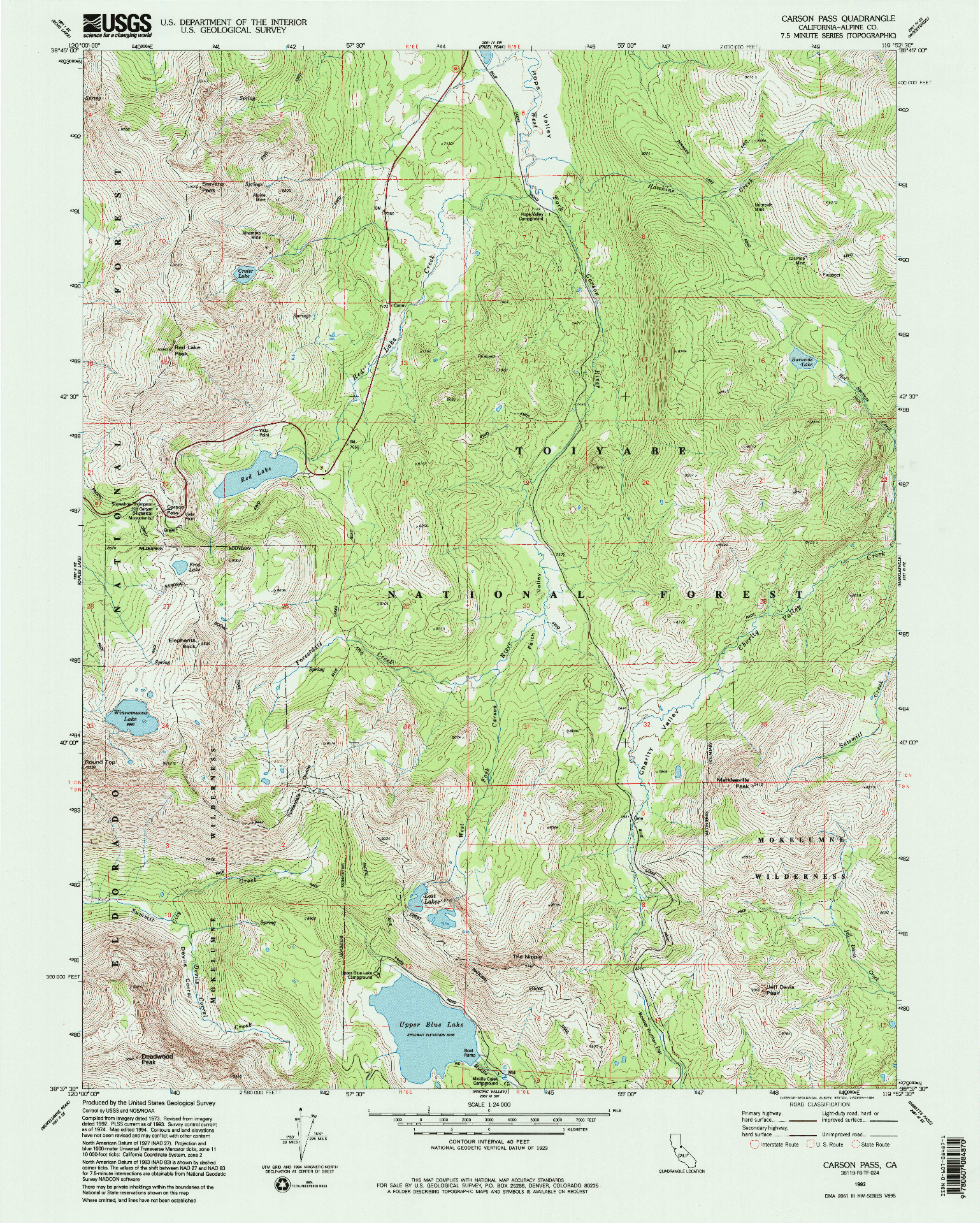 USGS 1:24000-SCALE QUADRANGLE FOR CARSON PASS, CA 1992