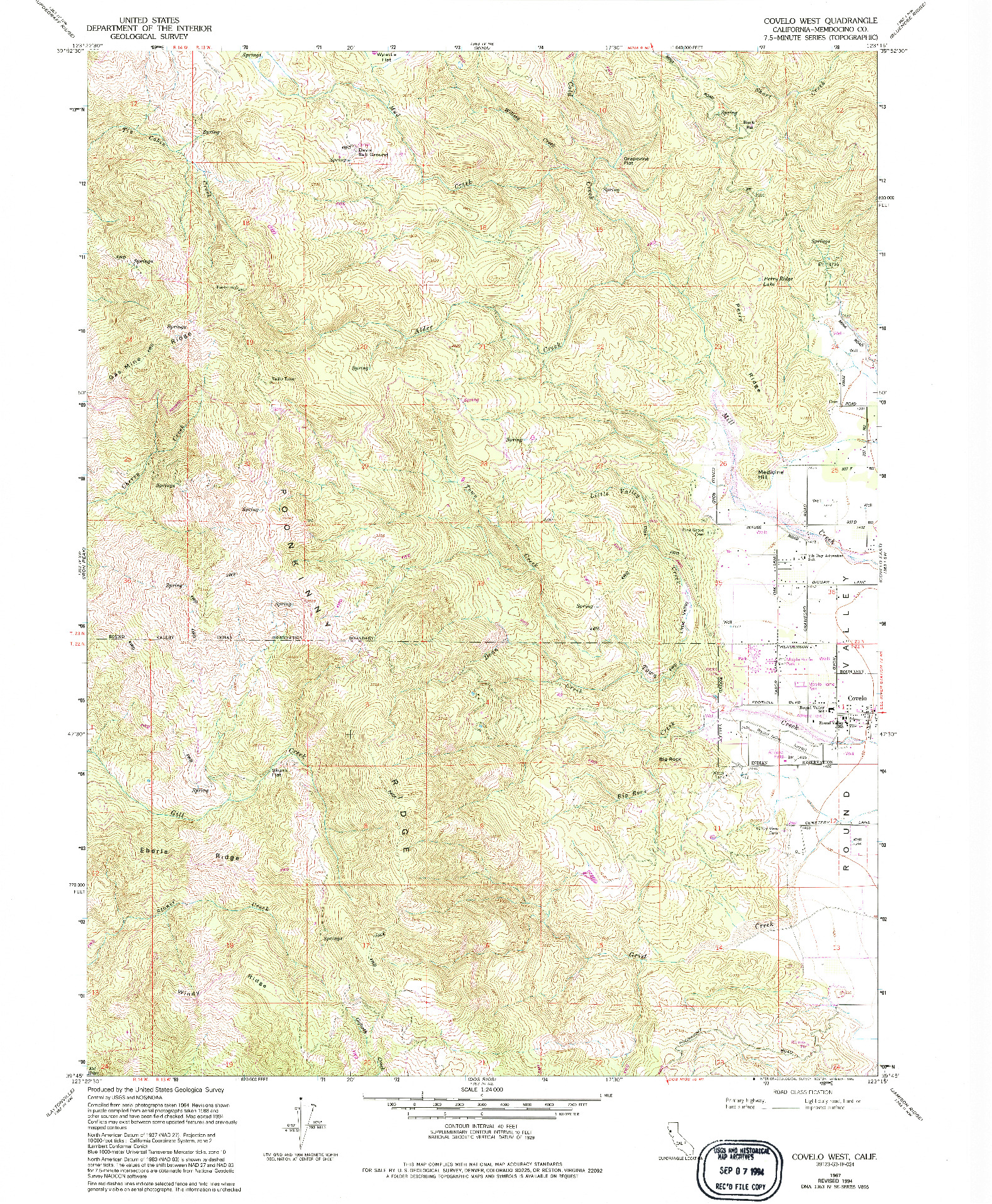 USGS 1:24000-SCALE QUADRANGLE FOR COVELO WEST, CA 1967