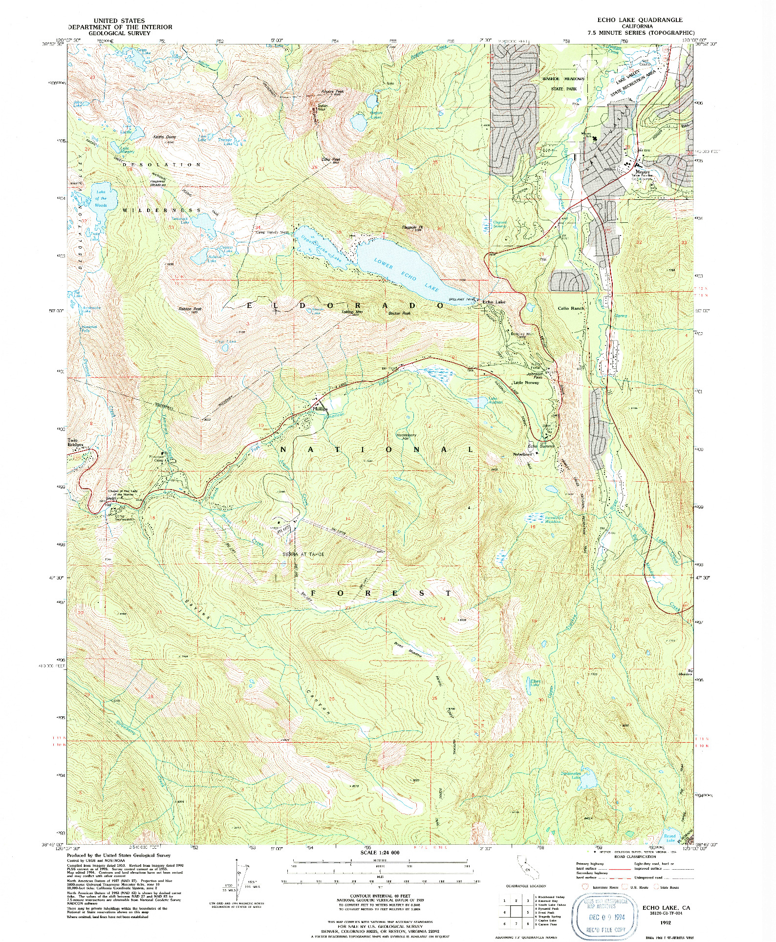 USGS 1:24000-SCALE QUADRANGLE FOR ECHO LAKE, CA 1992