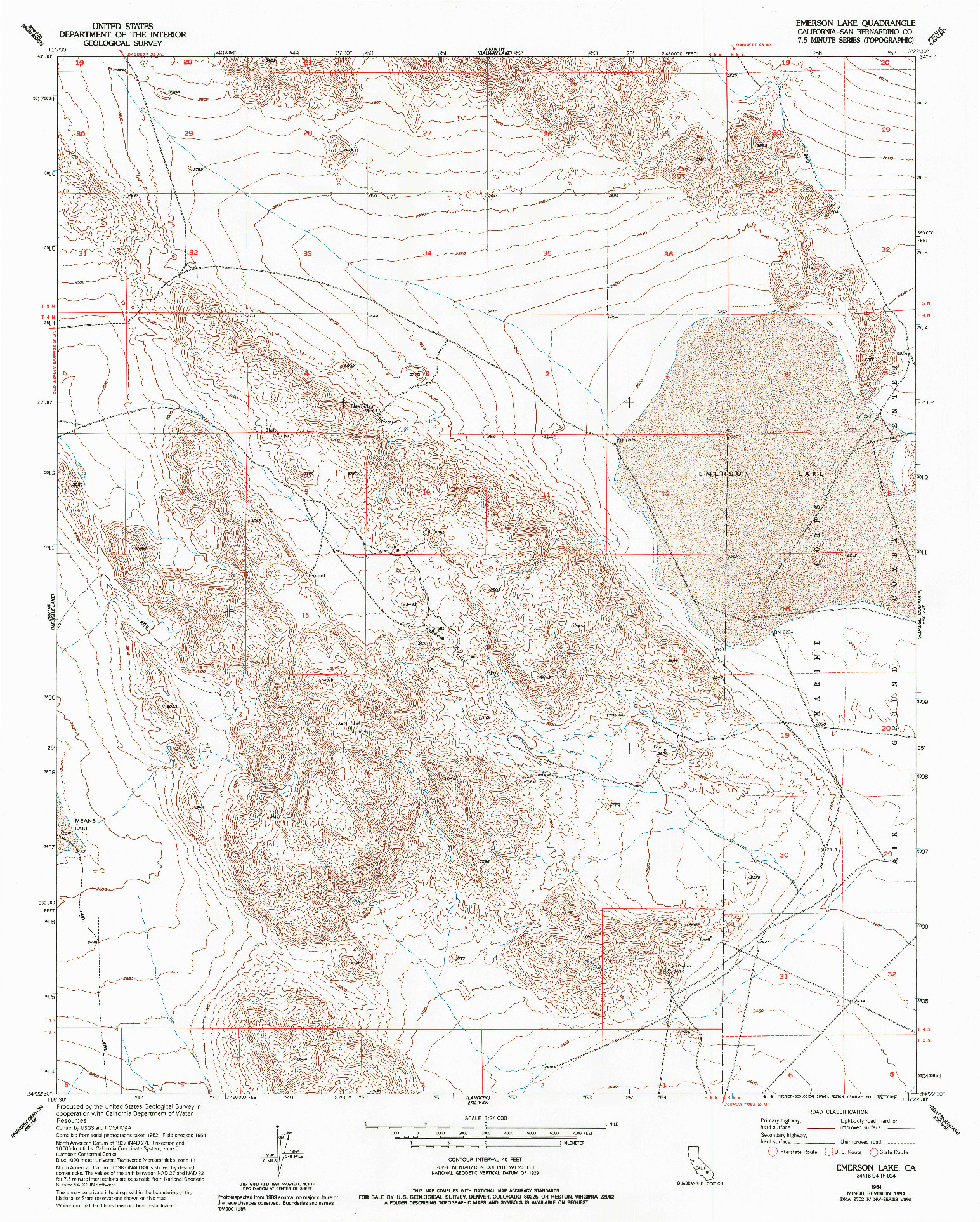 USGS 1:24000-SCALE QUADRANGLE FOR EMERSON LAKE, CA 1954