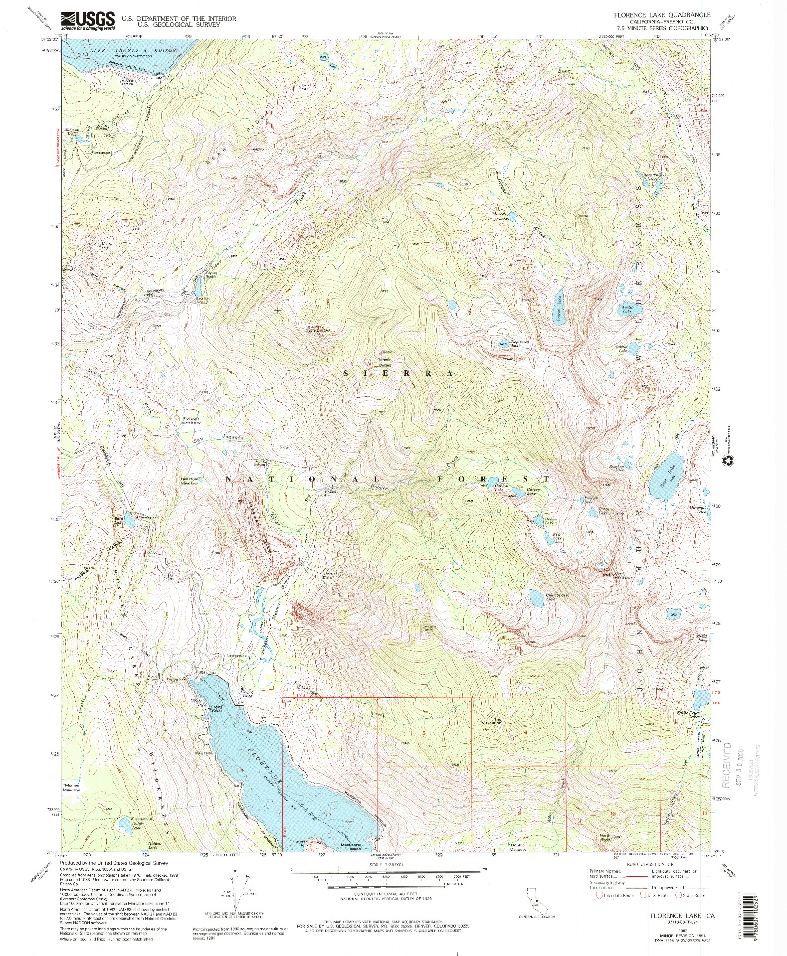 USGS 1:24000-SCALE QUADRANGLE FOR FLORENCE LAKE, CA 1983