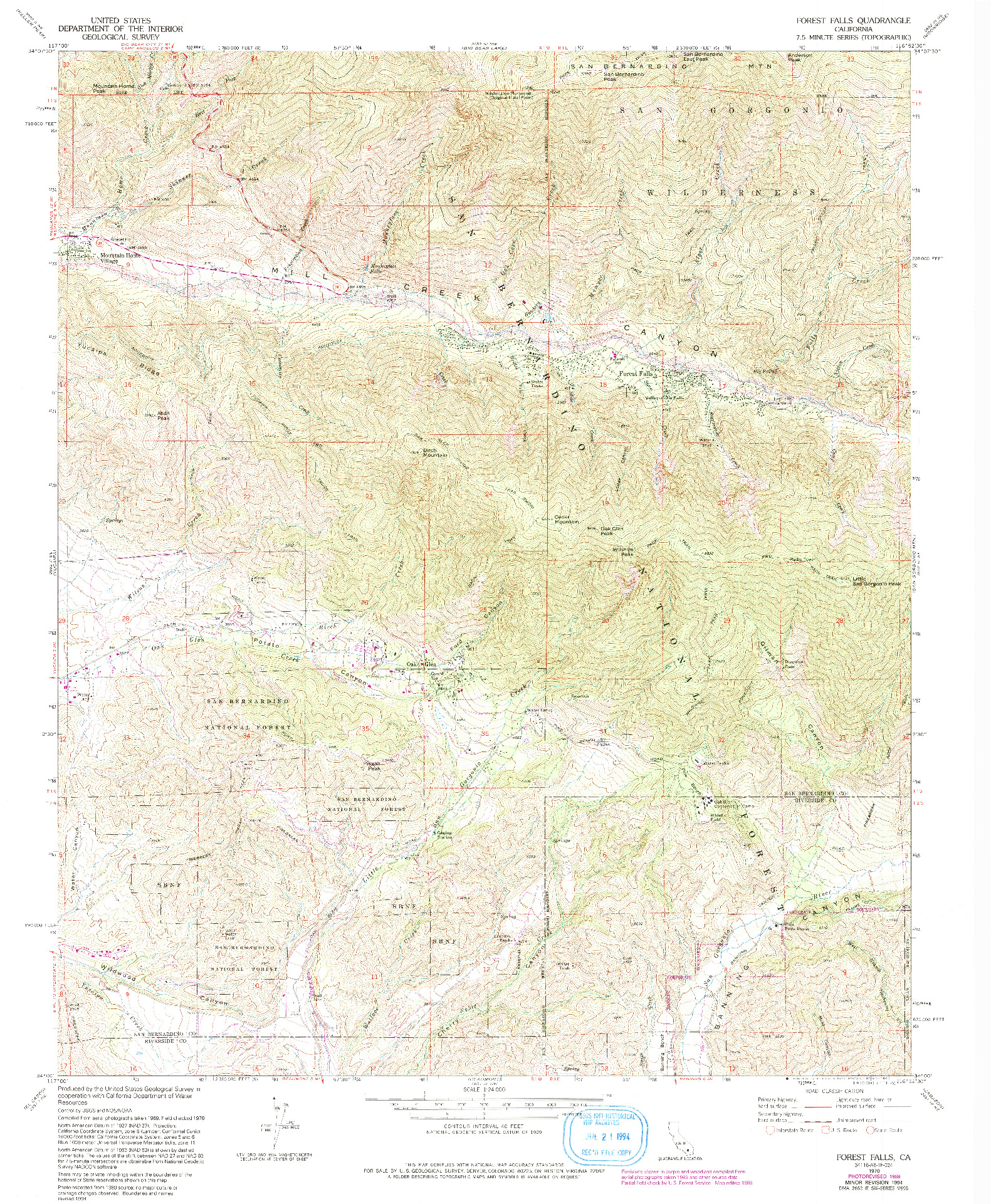 USGS 1:24000-SCALE QUADRANGLE FOR FOREST FALLS, CA 1970