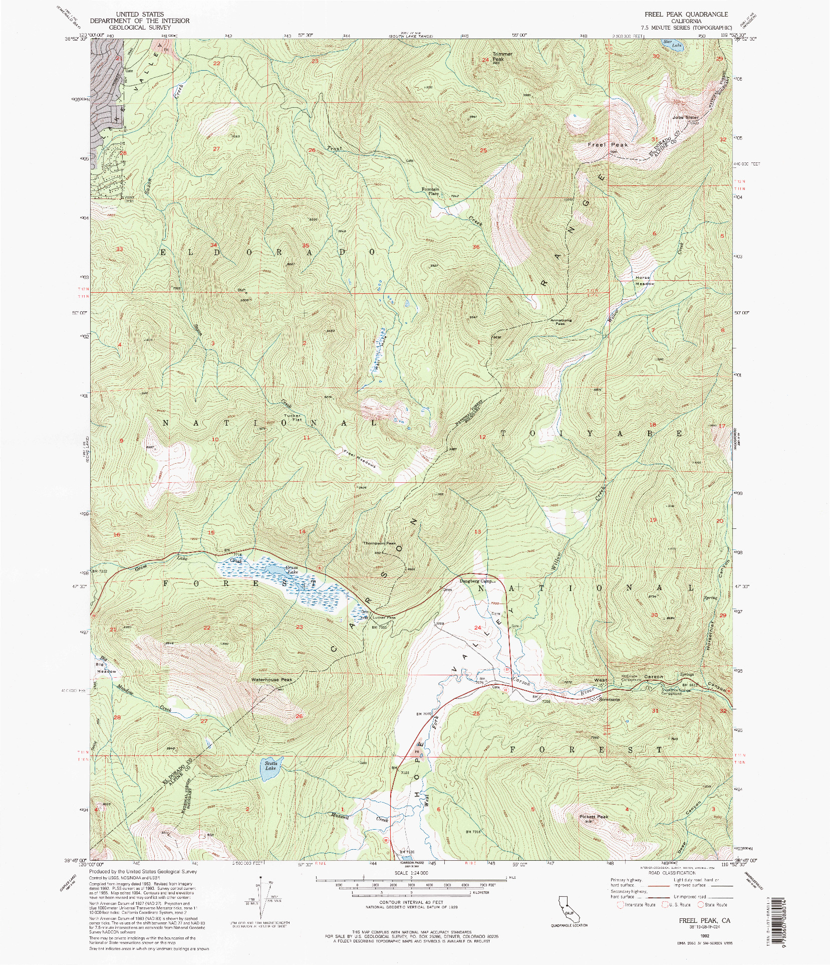 USGS 1:24000-SCALE QUADRANGLE FOR FREEL PEAK, CA 1992