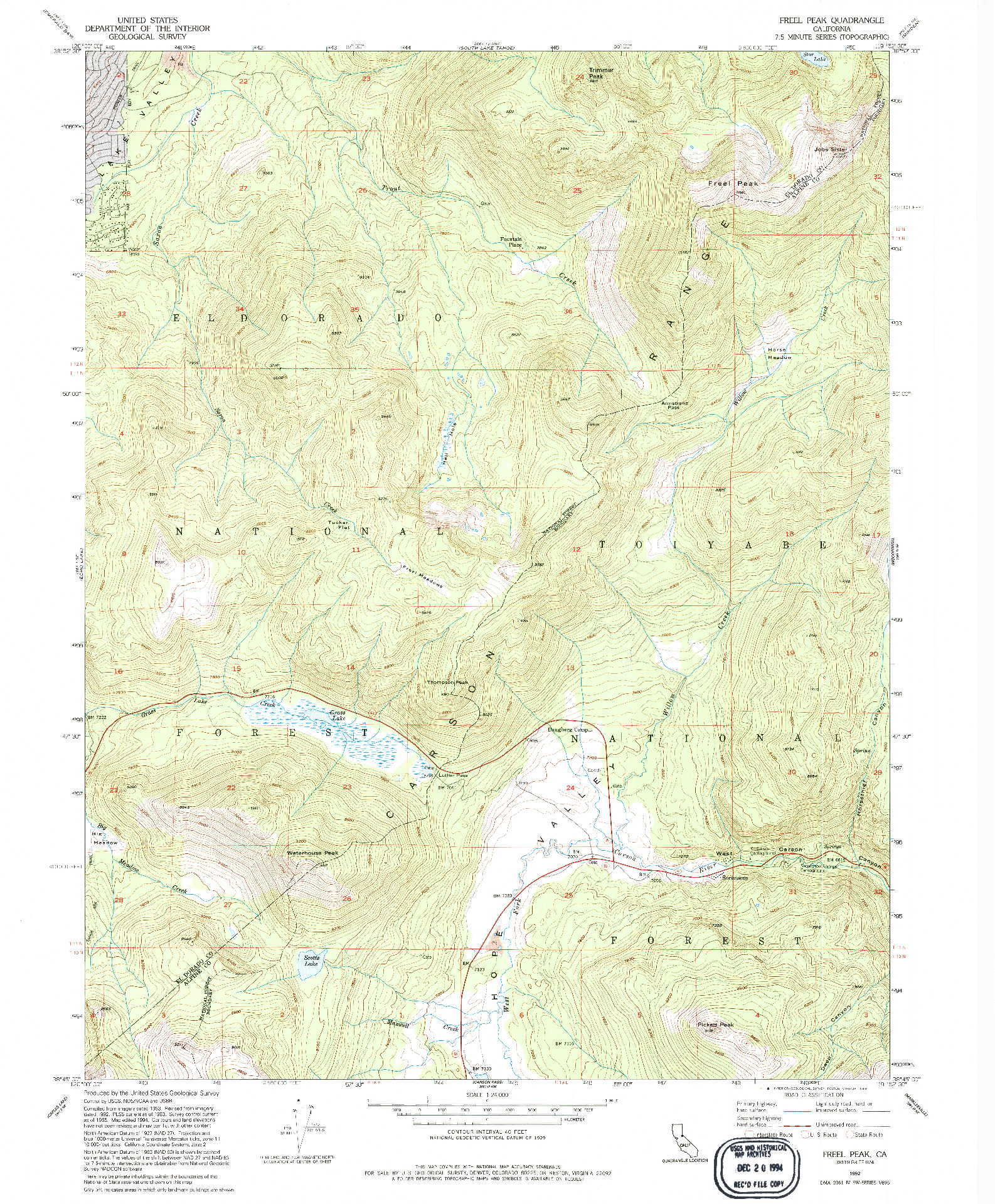 USGS 1:24000-SCALE QUADRANGLE FOR FREEL PEAK, CA 1992