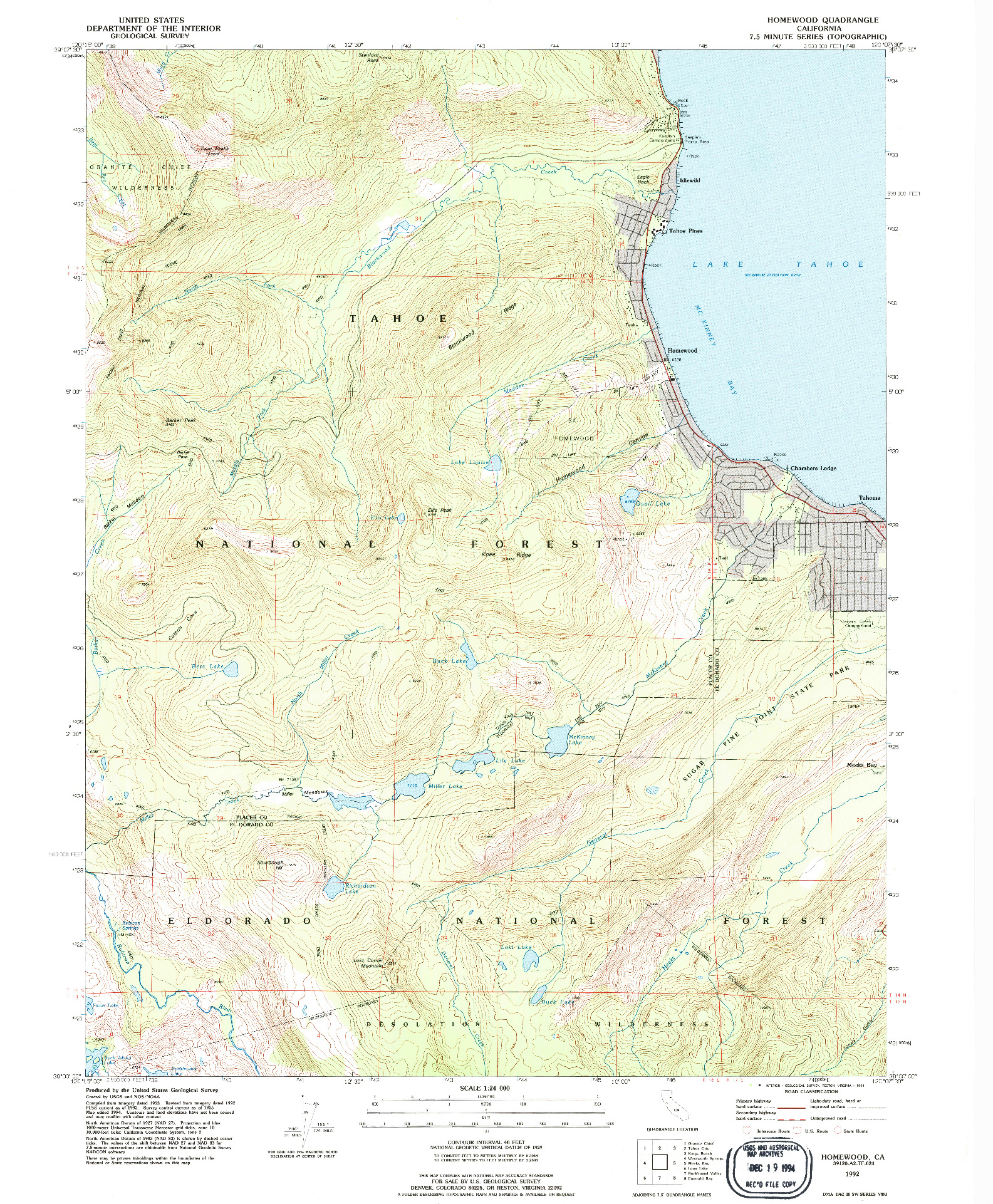 USGS 1:24000-SCALE QUADRANGLE FOR HOMEWOOD, CA 1992