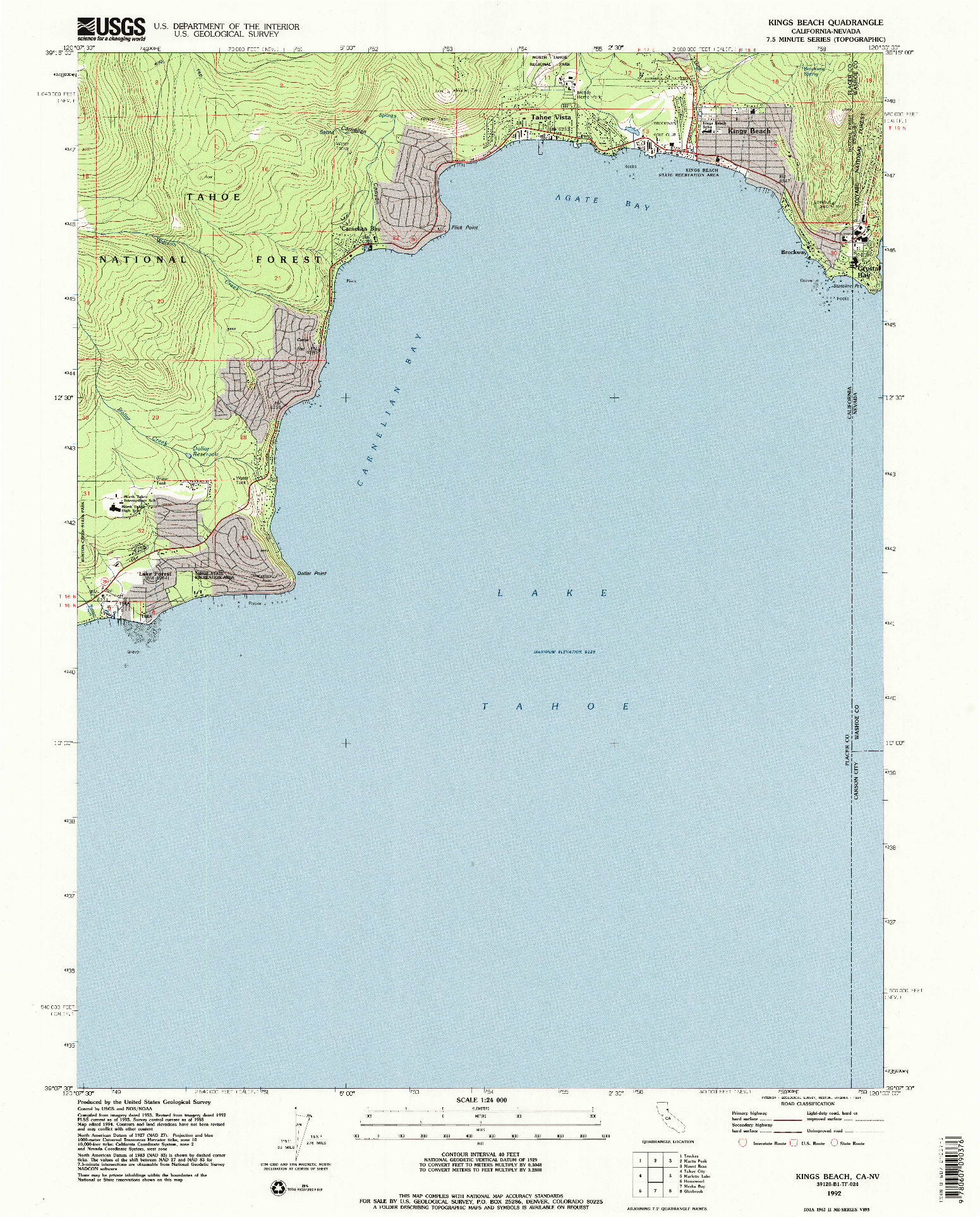 USGS 1:24000-SCALE QUADRANGLE FOR KINGS BEACH, CA 1992