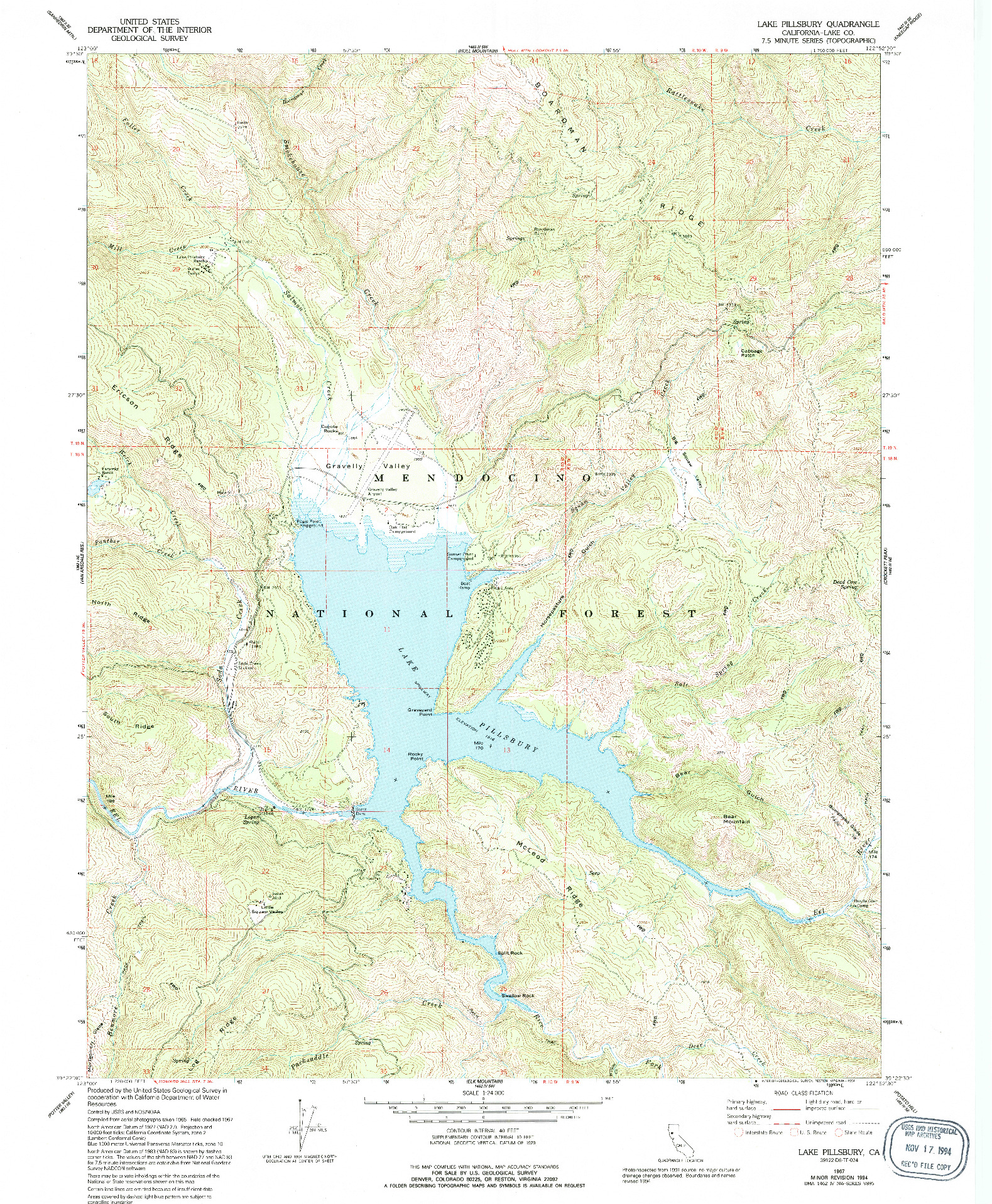 USGS 1:24000-SCALE QUADRANGLE FOR LAKE PILLSBURY, CA 1967