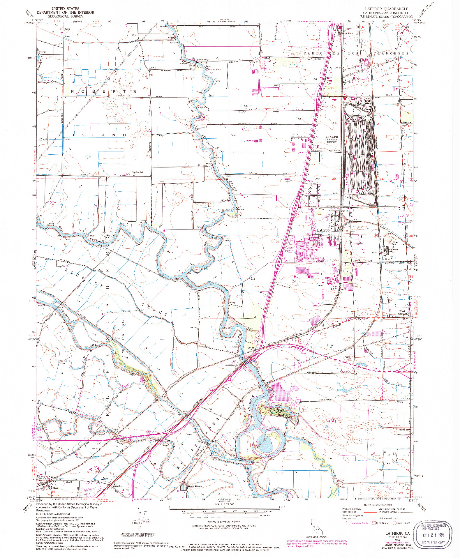 USGS 1:24000-SCALE QUADRANGLE FOR LATHROP, CA 1952