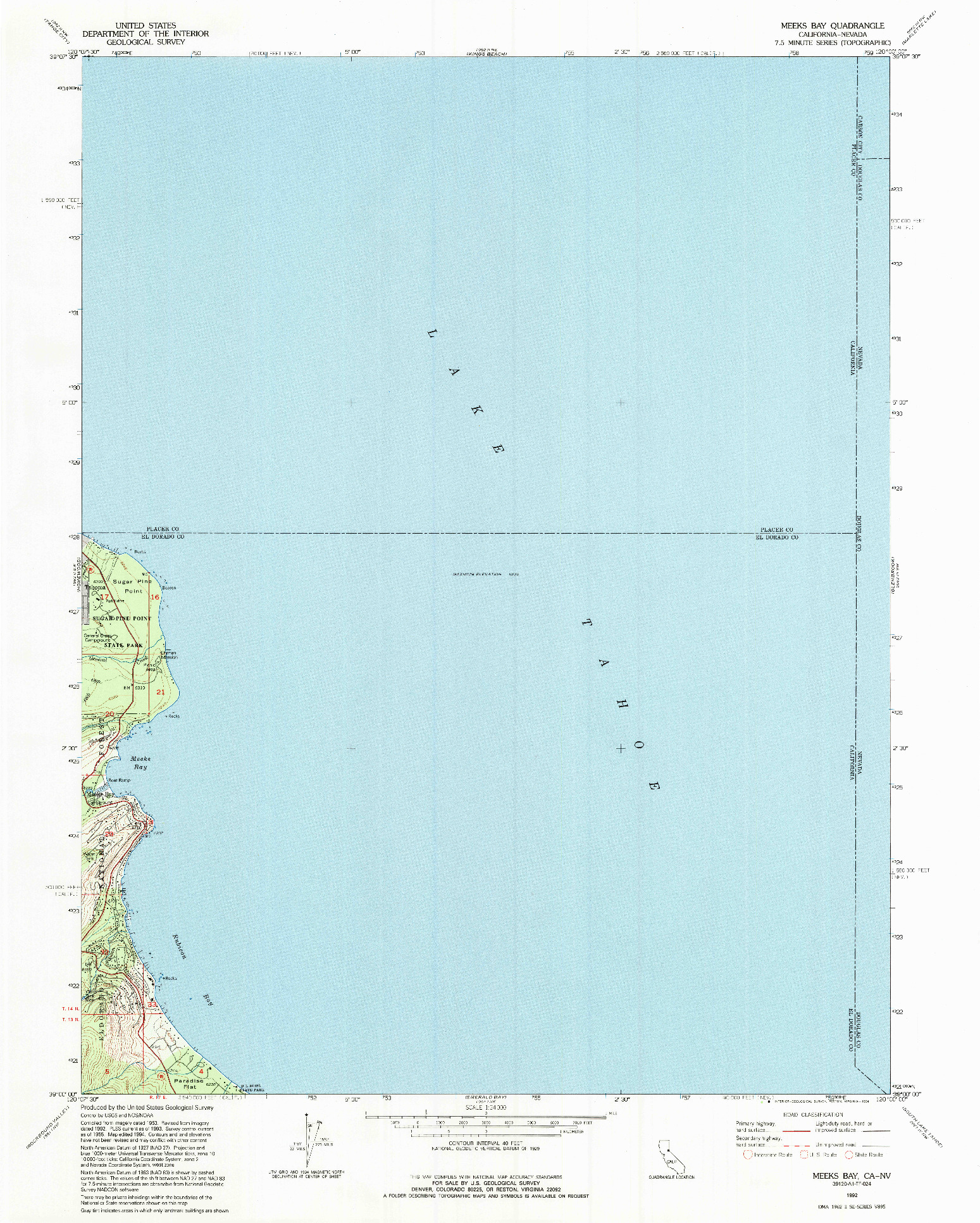 USGS 1:24000-SCALE QUADRANGLE FOR MEEKS BAY, CA 1992