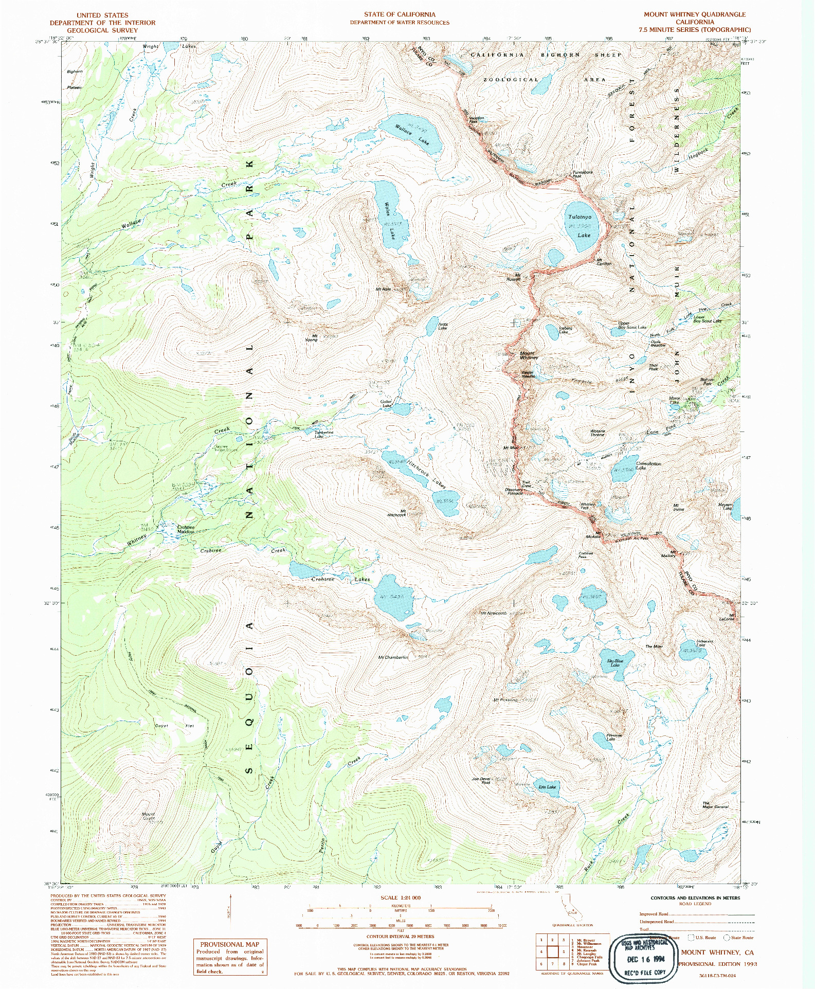 USGS 1:24000-SCALE QUADRANGLE FOR MOUNT WHITNEY, CA 1993