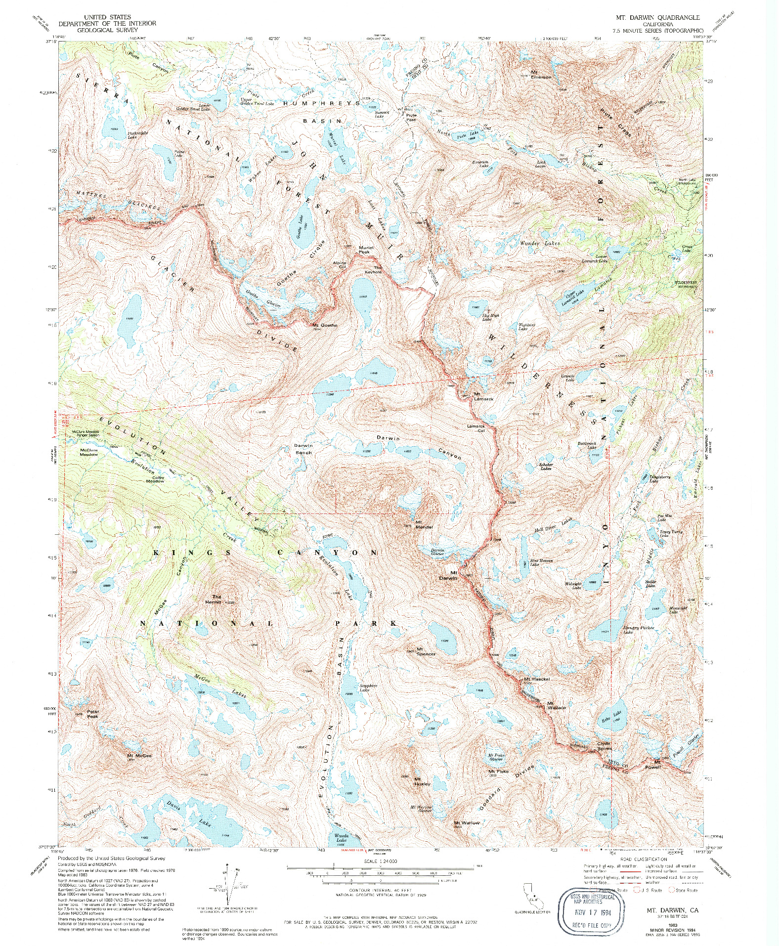 USGS 1:24000-SCALE QUADRANGLE FOR MT. DARWIN, CA 1983