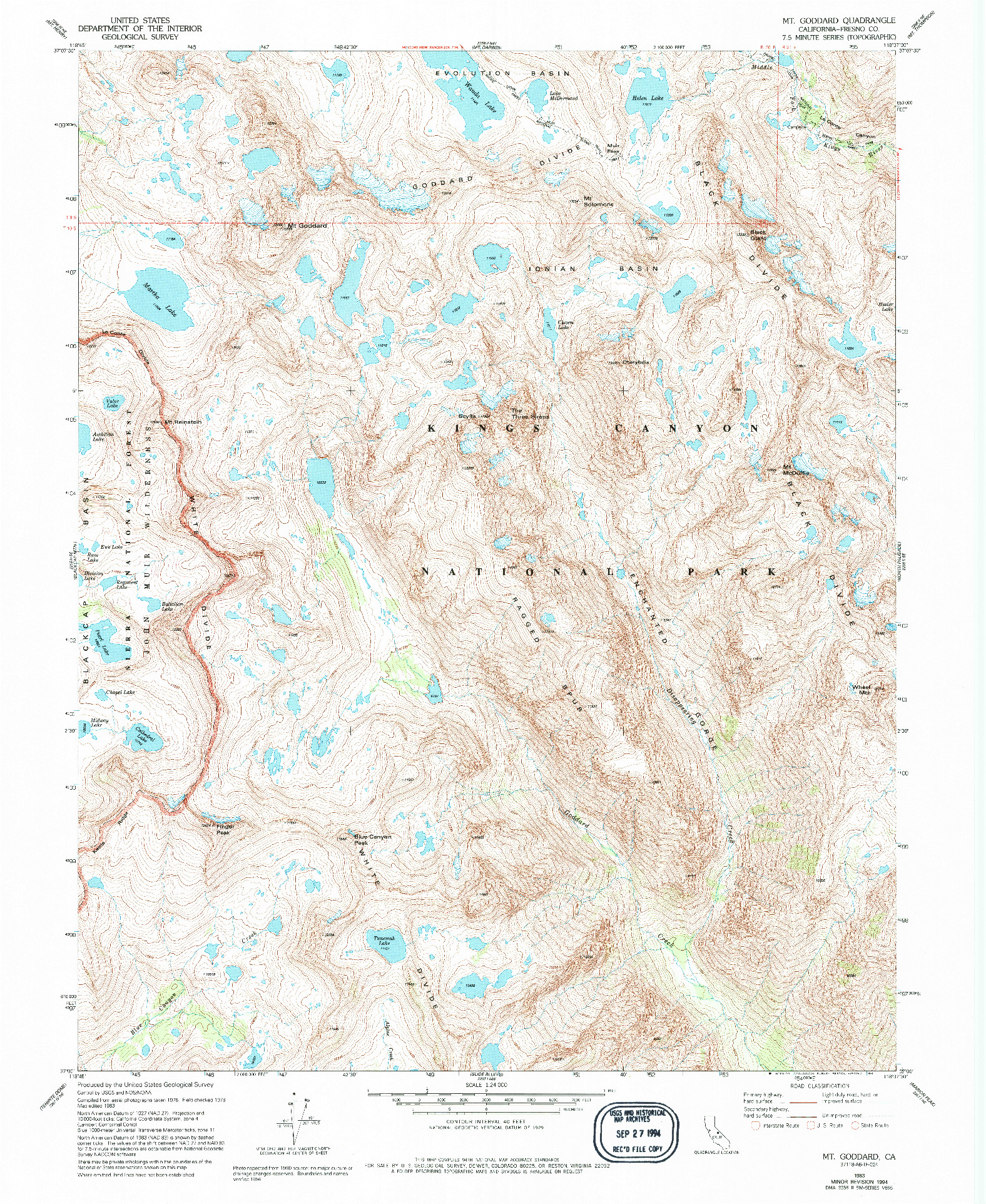 USGS 1:24000-SCALE QUADRANGLE FOR MT. GODDARD, CA 1983