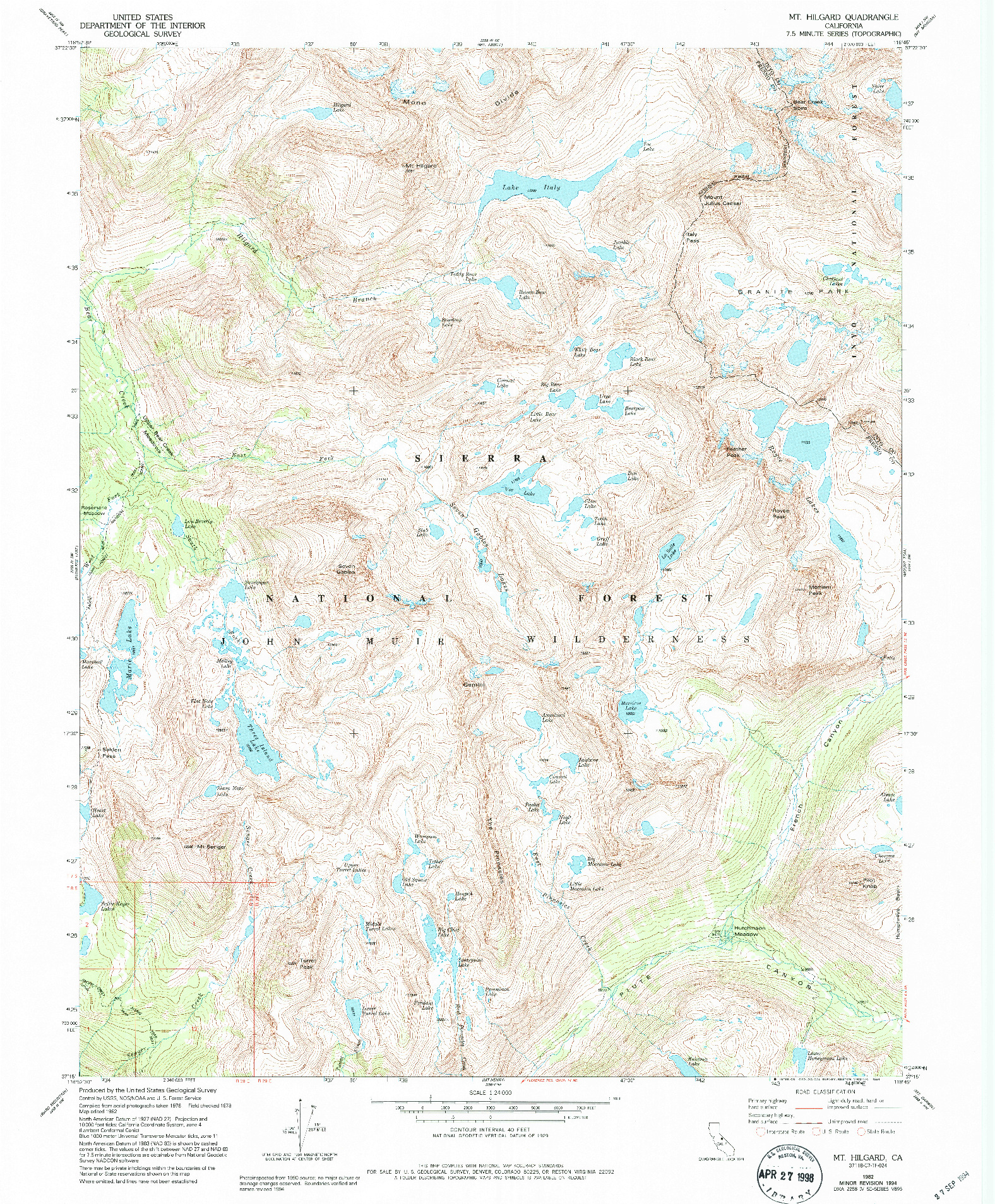 USGS 1:24000-SCALE QUADRANGLE FOR MT. HILGARD, CA 1982