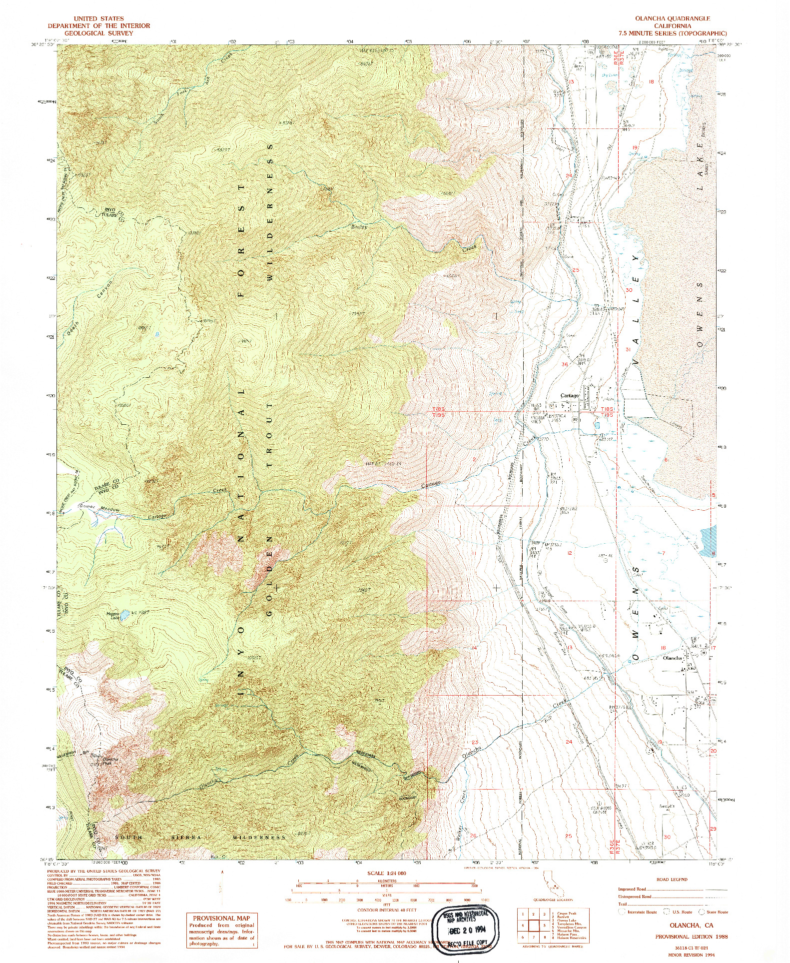 USGS 1:24000-SCALE QUADRANGLE FOR OLANCHA, CA 1988