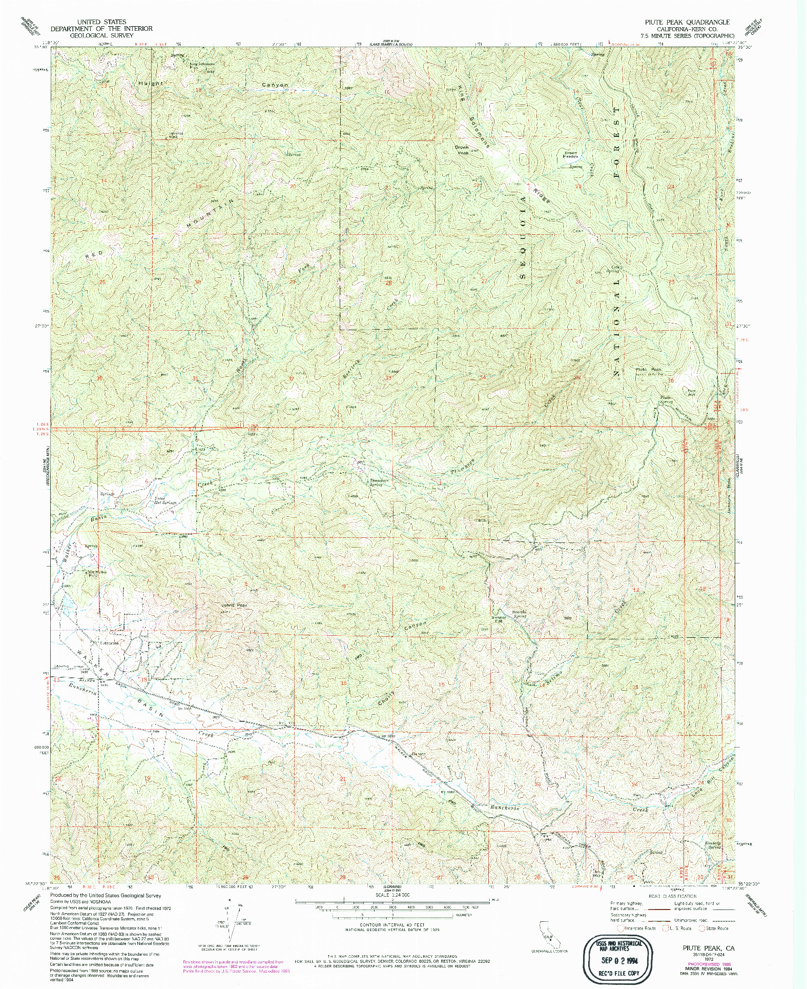 USGS 1:24000-SCALE QUADRANGLE FOR PIUTE PEAK, CA 1972