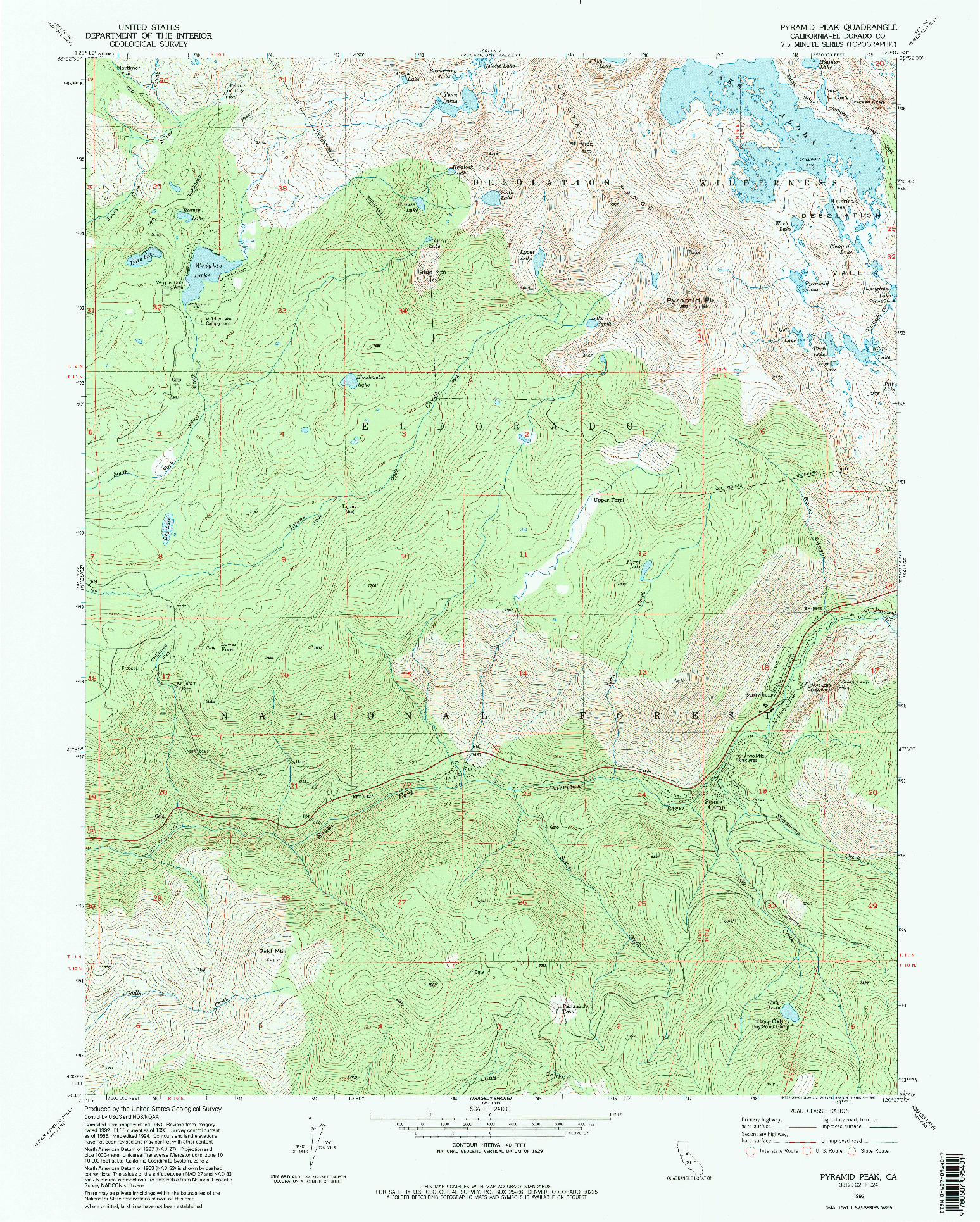 USGS 1:24000-SCALE QUADRANGLE FOR PYRAMID PEAK, CA 1992