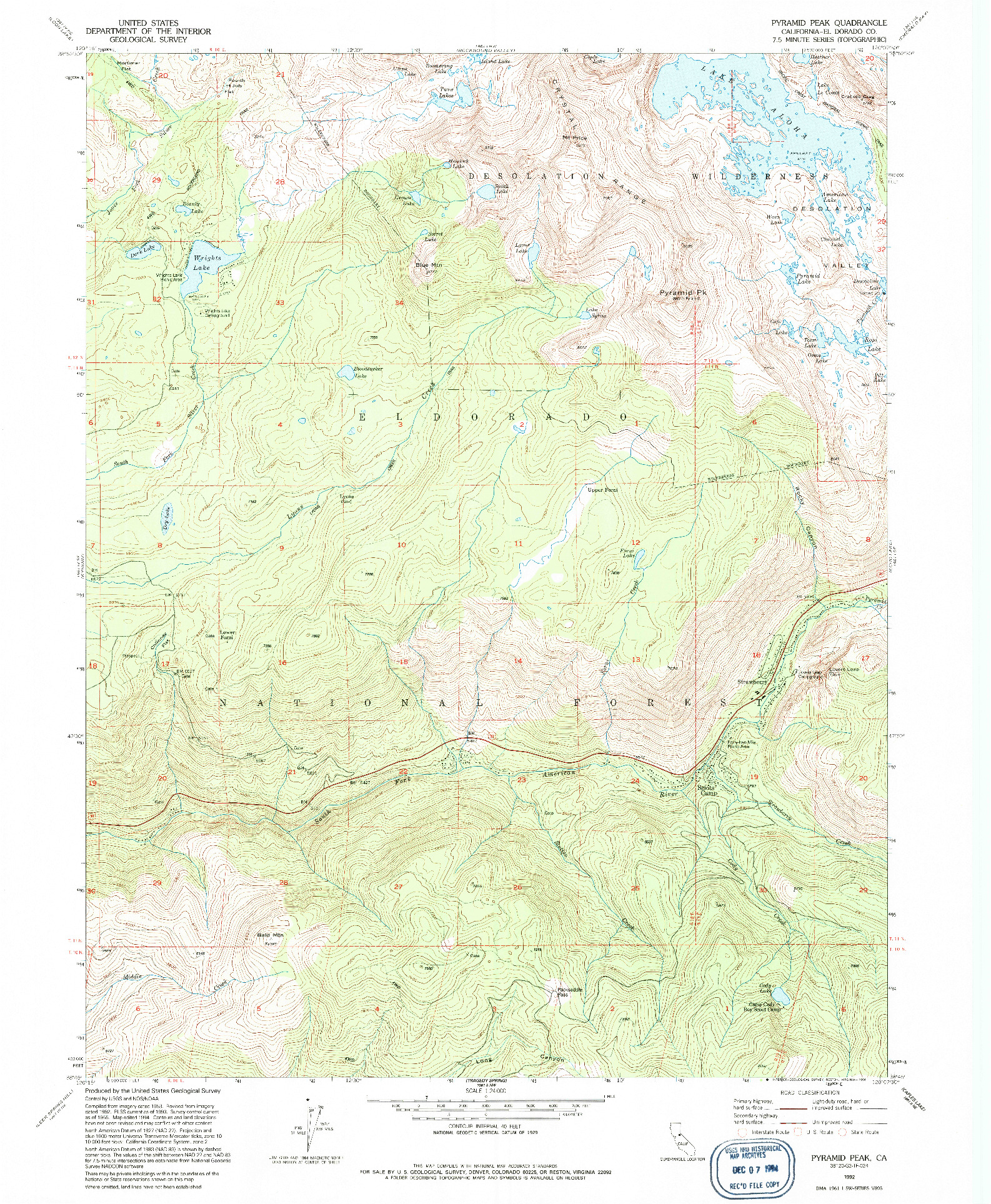 USGS 1:24000-SCALE QUADRANGLE FOR PYRAMID PEAK, CA 1992