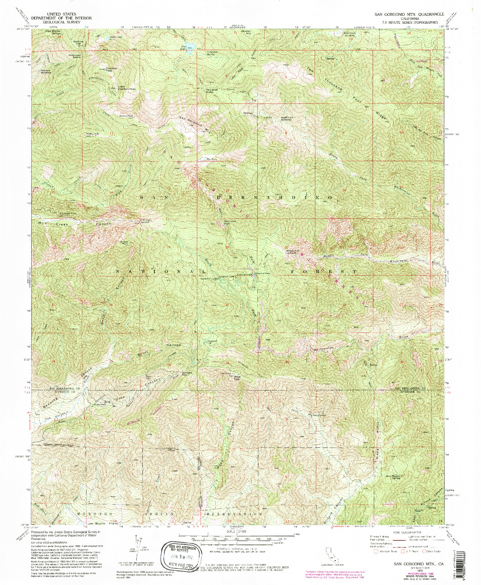 USGS 1:24000-SCALE QUADRANGLE FOR SAN GORGONIO MTN, CA 1970