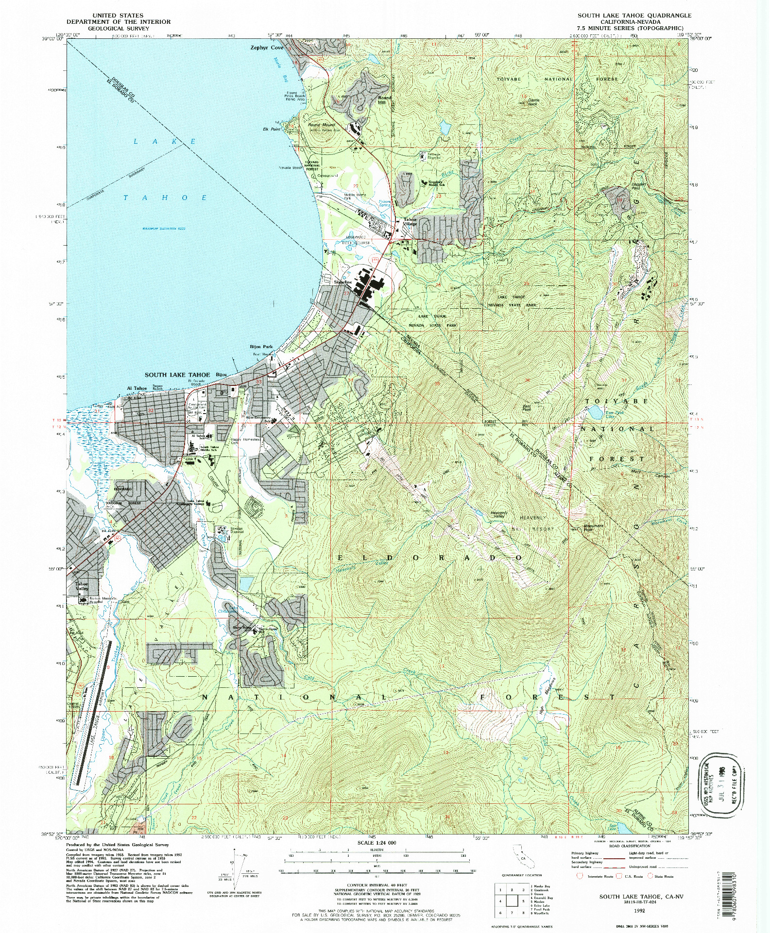 USGS 1:24000-SCALE QUADRANGLE FOR SOUTH LAKE TAHOE, CA 1992