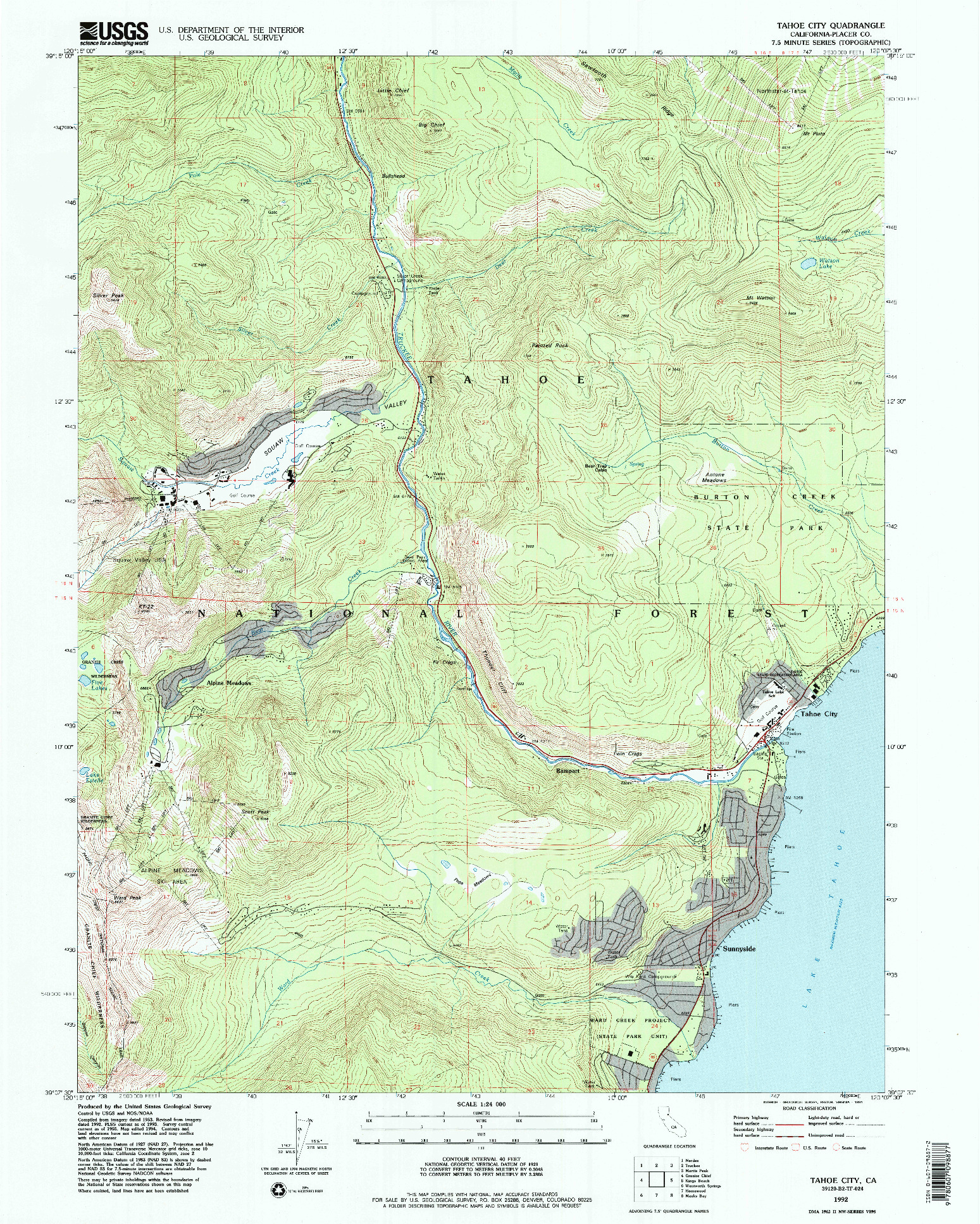 USGS 1:24000-SCALE QUADRANGLE FOR TAHOE CITY, CA 1992