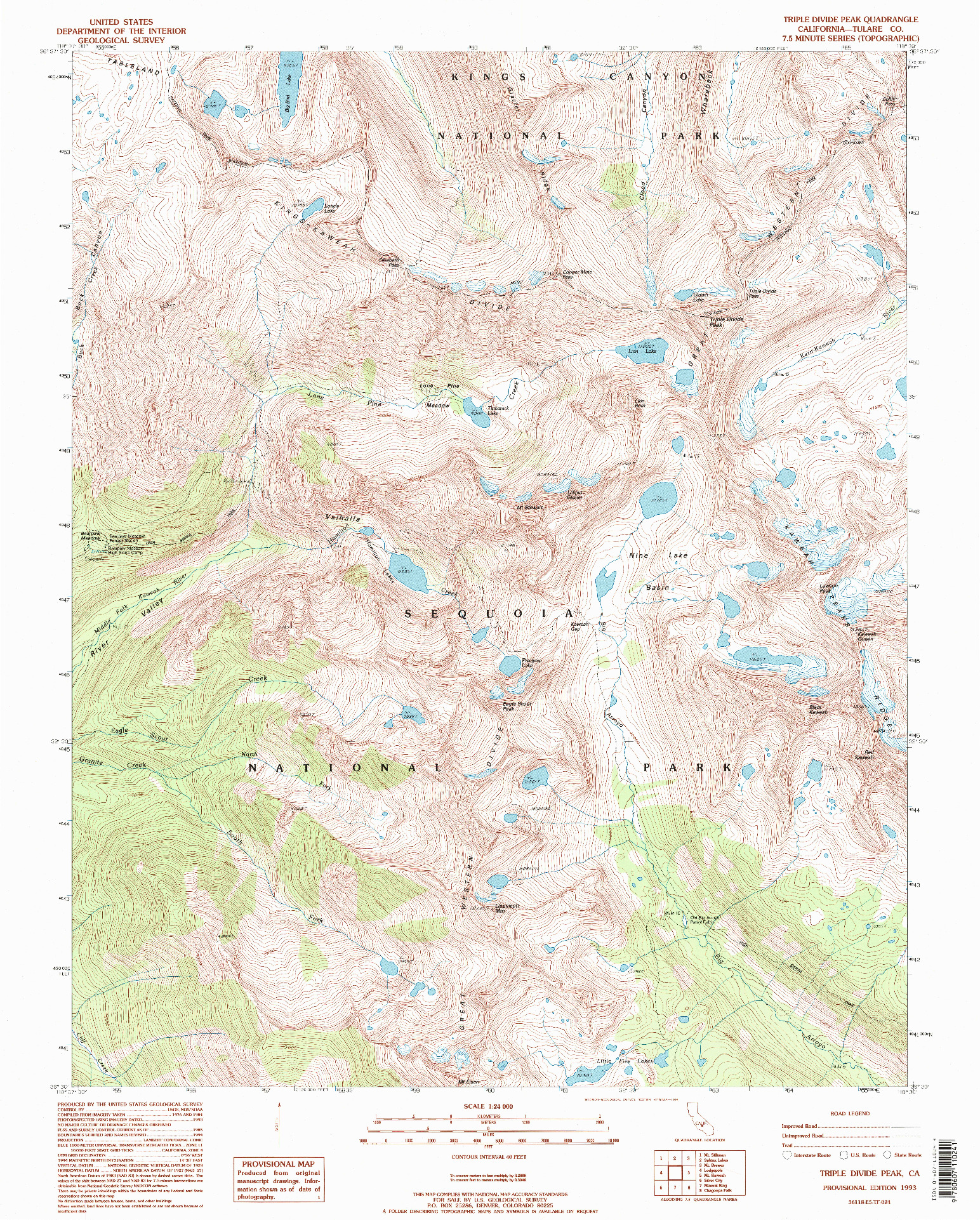 USGS 1:24000-SCALE QUADRANGLE FOR TRIPLE DIVIDE PEAK, CA 1993