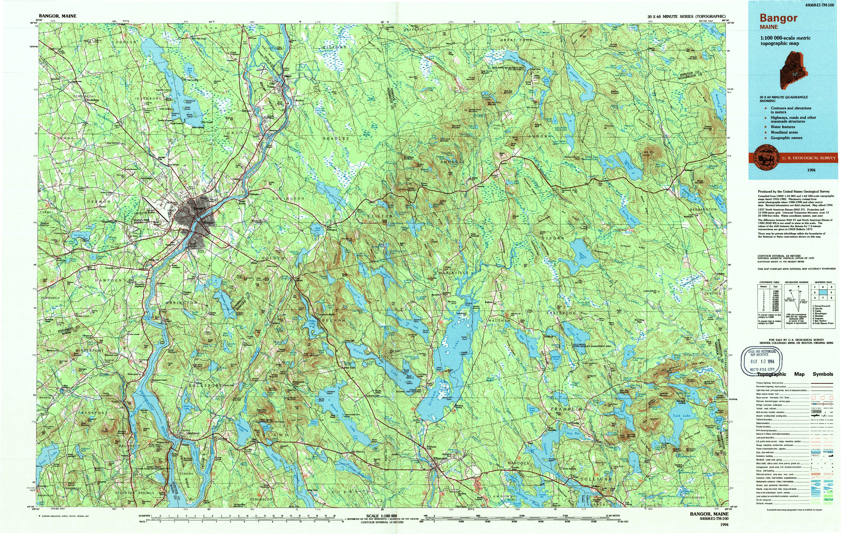 USGS 1:100000-SCALE QUADRANGLE FOR BANGOR, ME 1994
