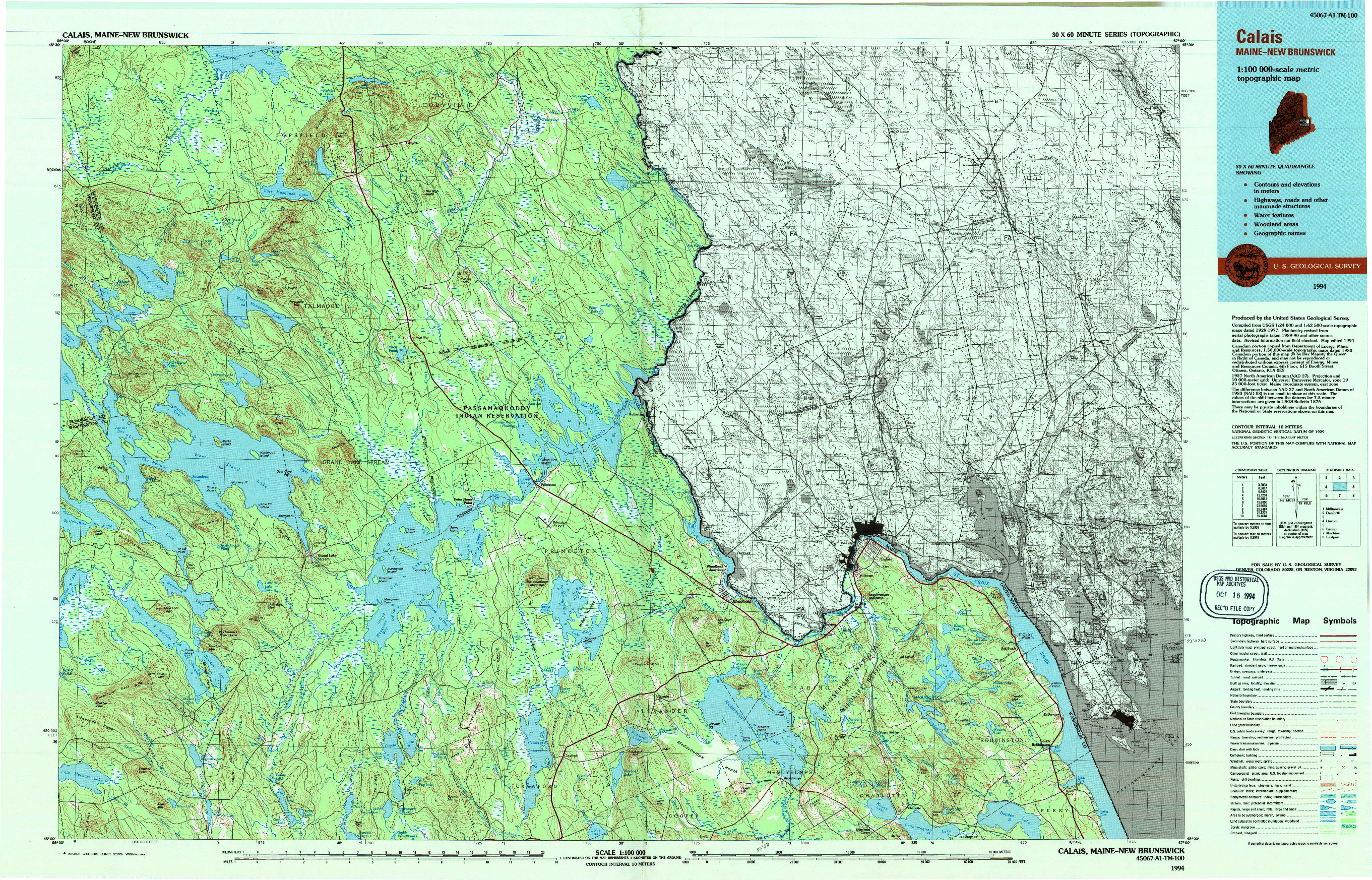 USGS 1:100000-SCALE QUADRANGLE FOR CALAIS, ME 1994