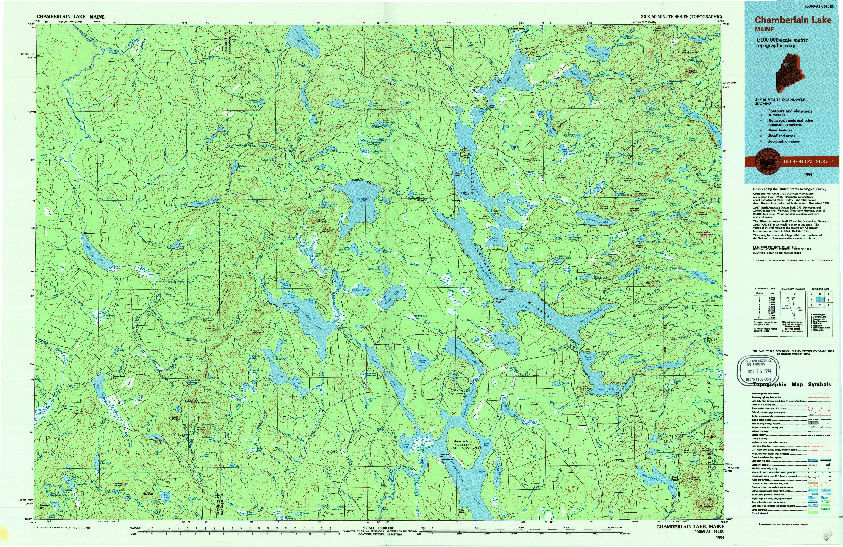 USGS 1:100000-SCALE QUADRANGLE FOR CHAMBERLAIN LAKE, ME 1994