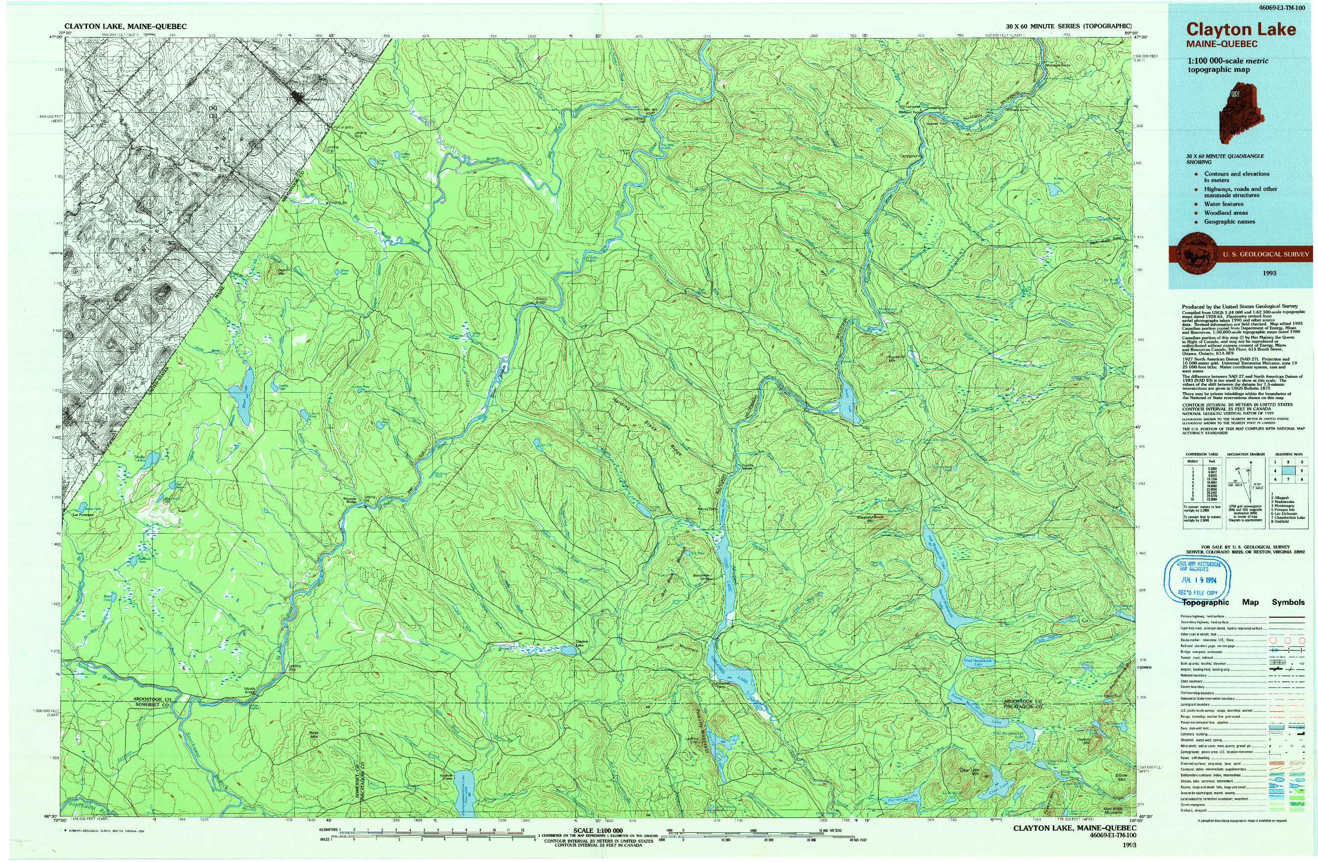 USGS 1:100000-SCALE QUADRANGLE FOR CLAYTON LAKE, ME 1993