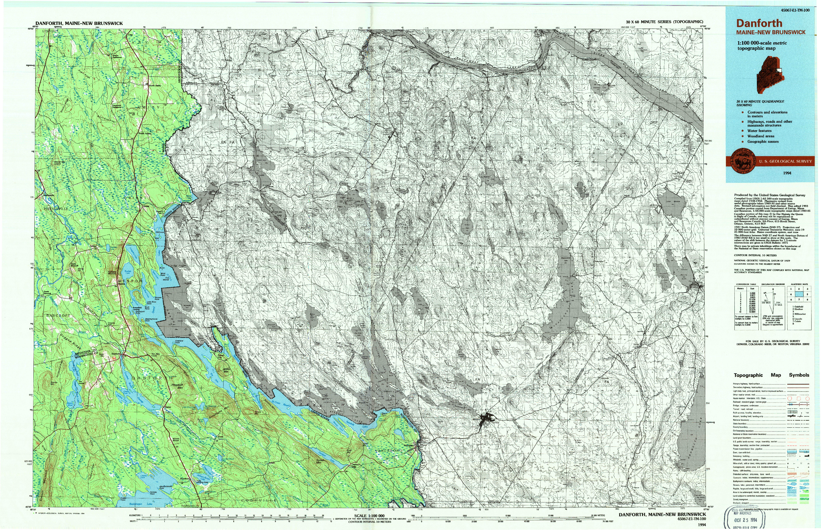 USGS 1:100000-SCALE QUADRANGLE FOR DANFORTH, ME 1994