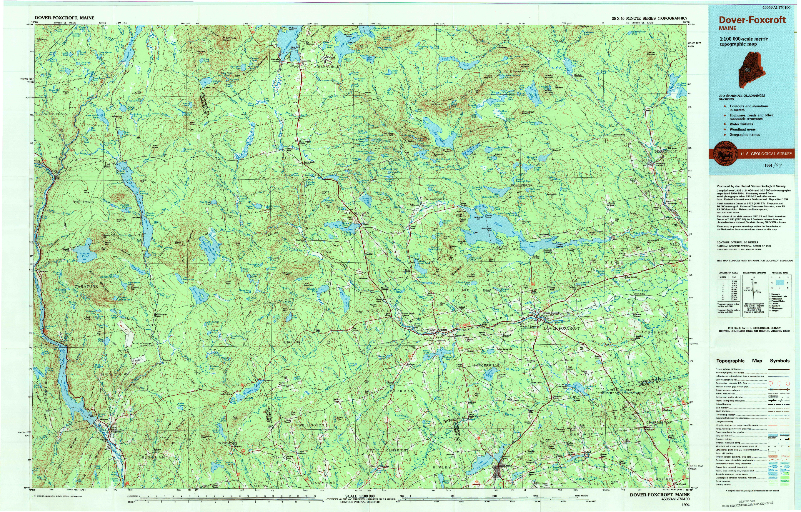 USGS 1:100000-SCALE QUADRANGLE FOR DOVER-FOXCROFT, ME 1994