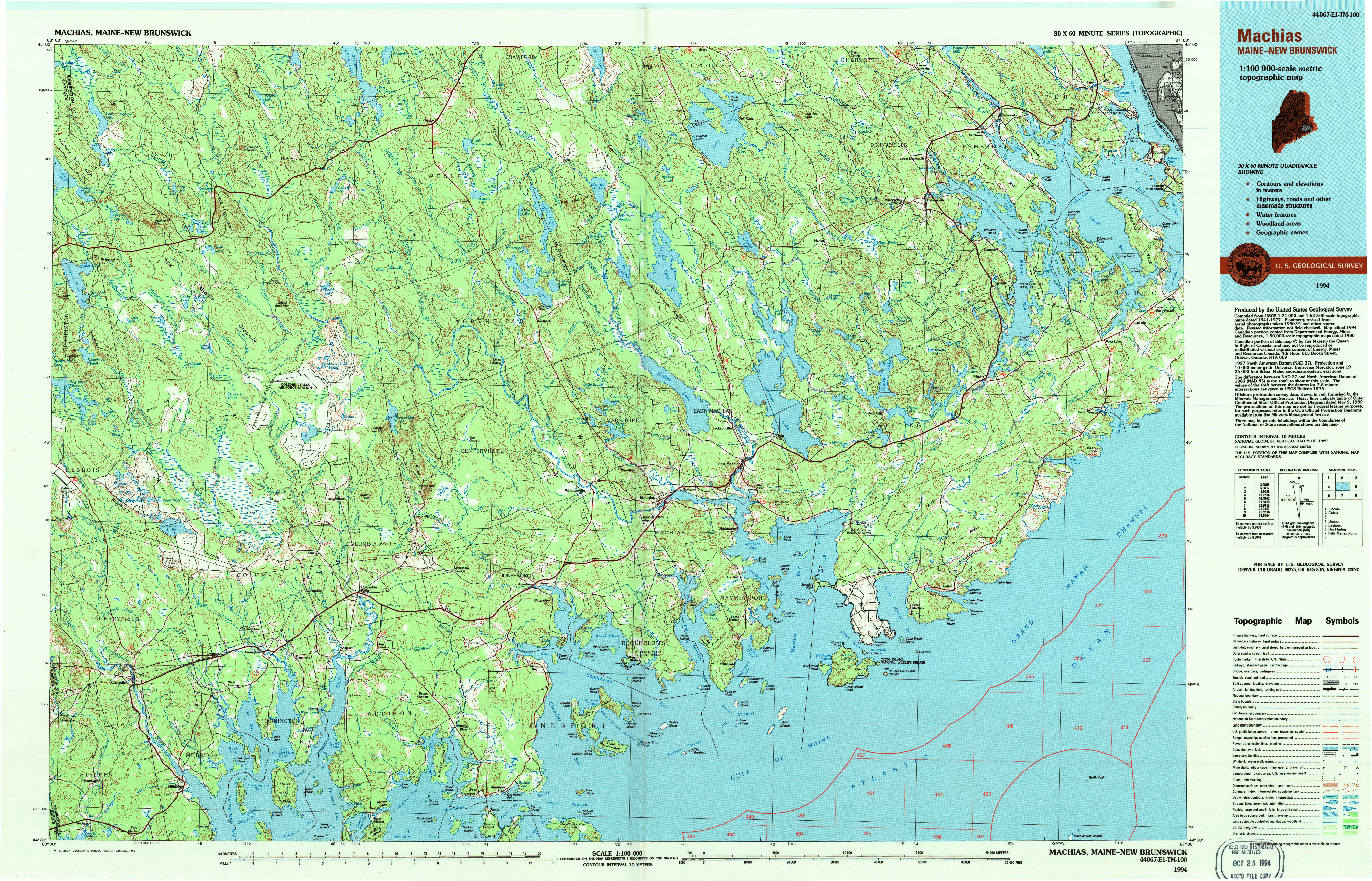 USGS 1:100000-SCALE QUADRANGLE FOR MACHIAS, ME 1994