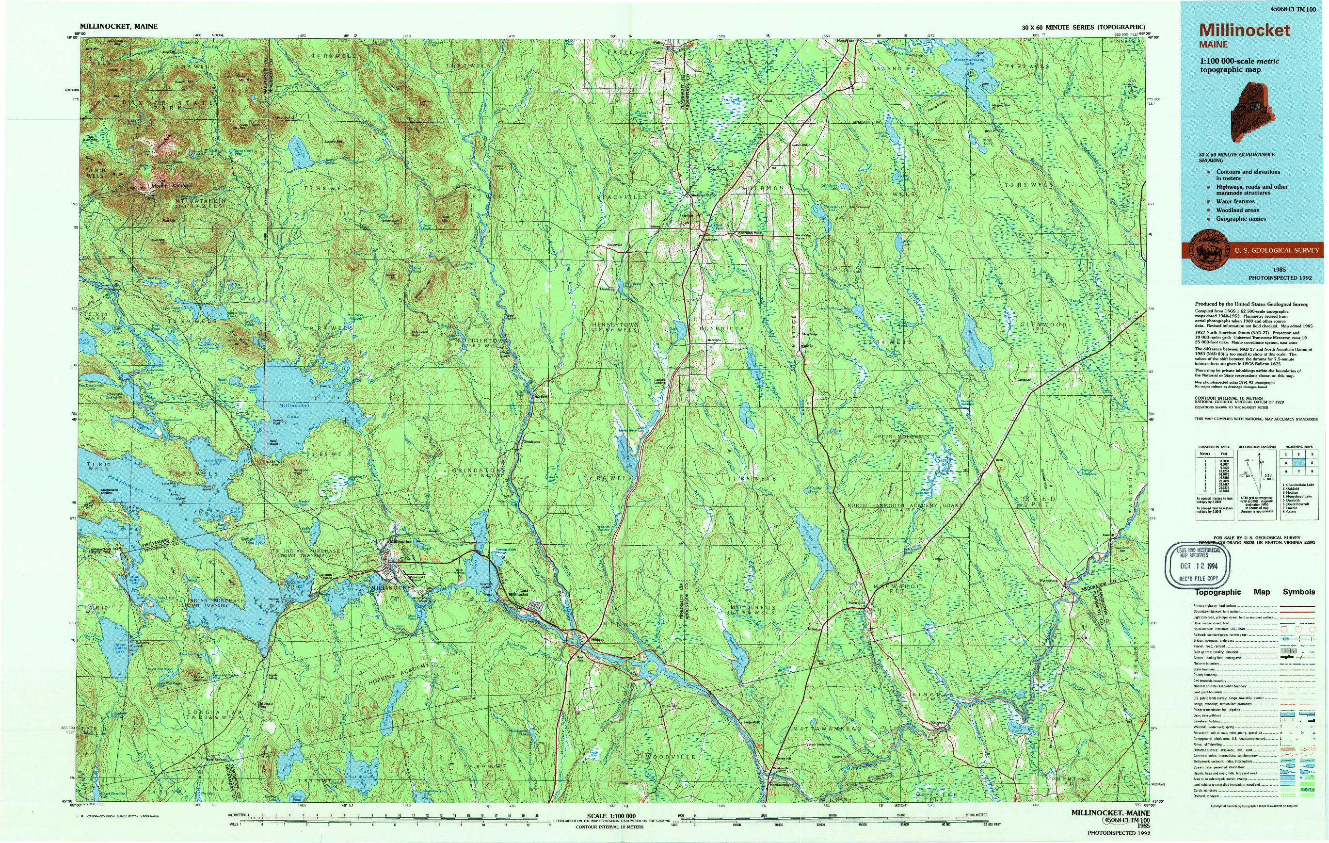 USGS 1:100000-SCALE QUADRANGLE FOR MILLINOCKET, ME 1985