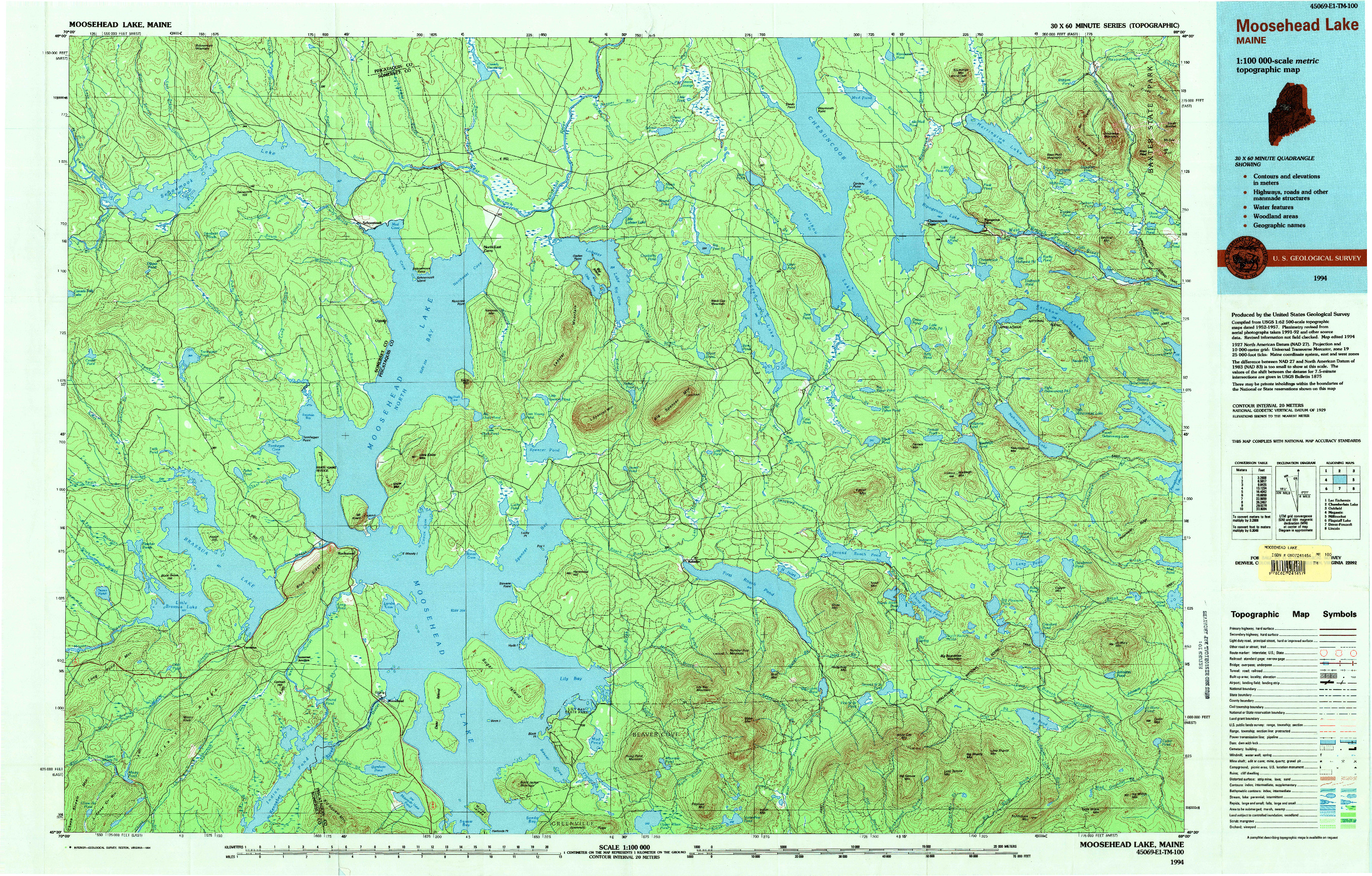 USGS 1:100000-SCALE QUADRANGLE FOR MOOSEHEAD LAKE, ME 1994