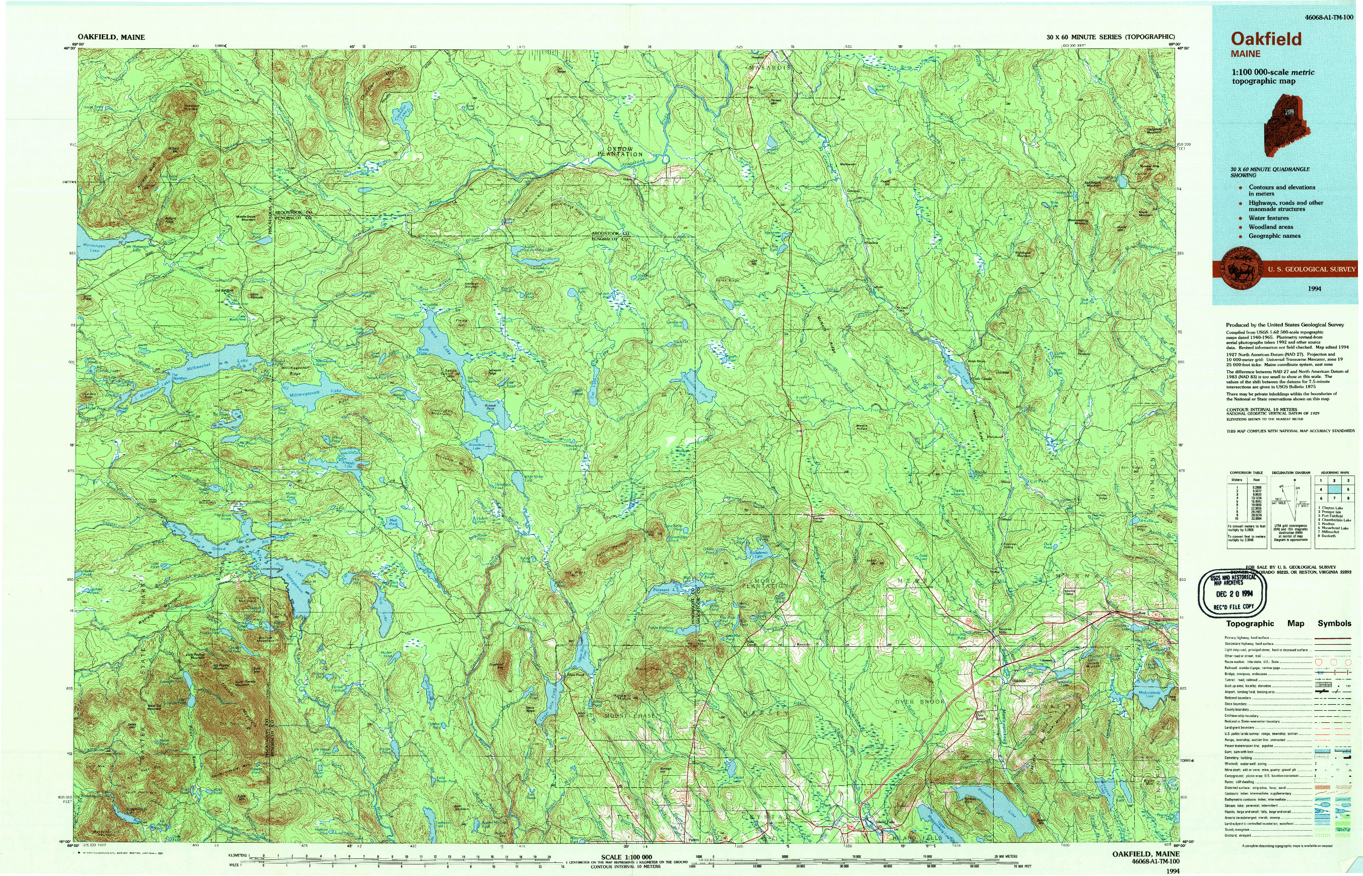 USGS 1:100000-SCALE QUADRANGLE FOR OAKFIELD, ME 1994