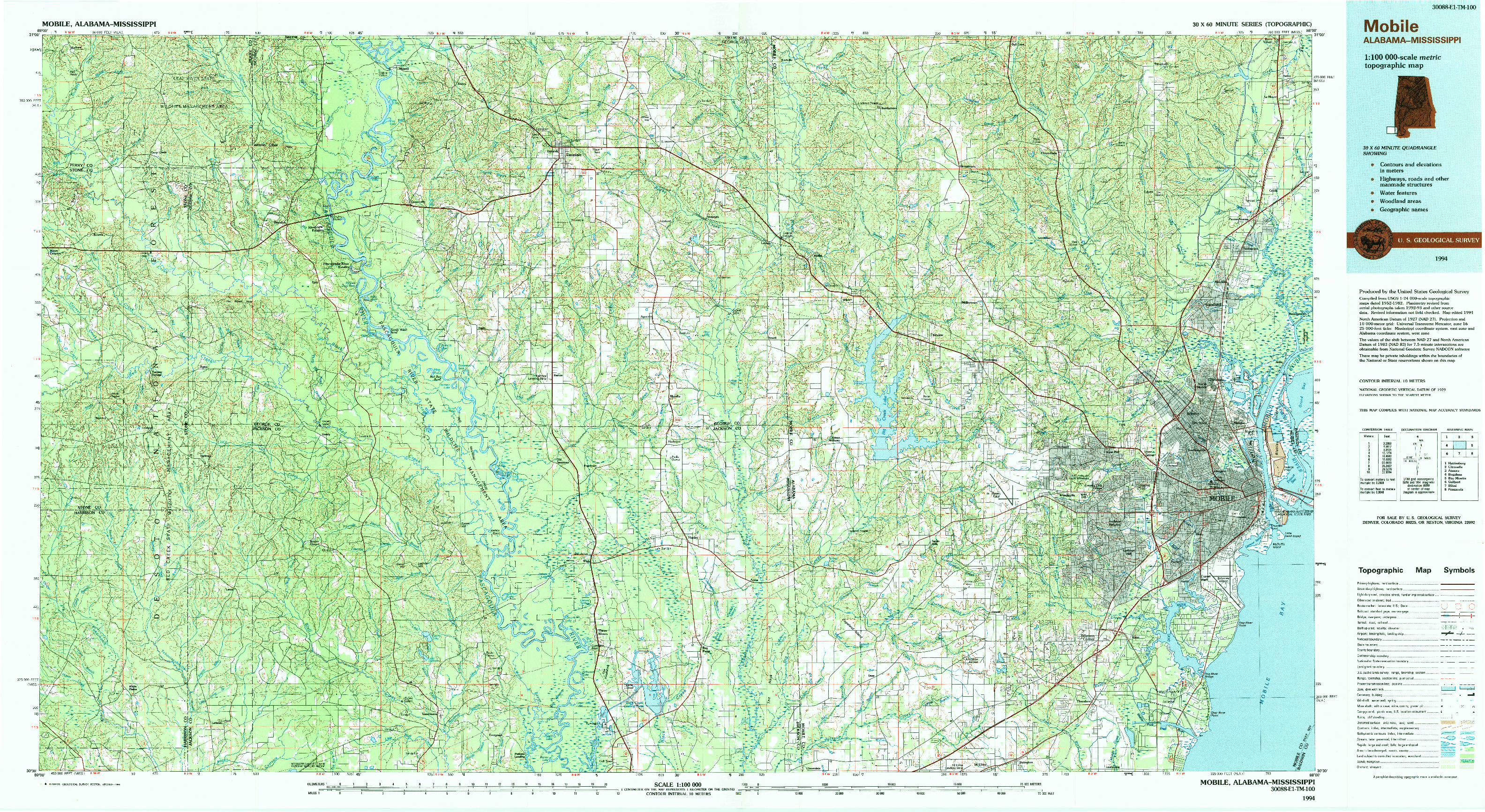 USGS 1:100000-SCALE QUADRANGLE FOR MOBILE, AL 1994