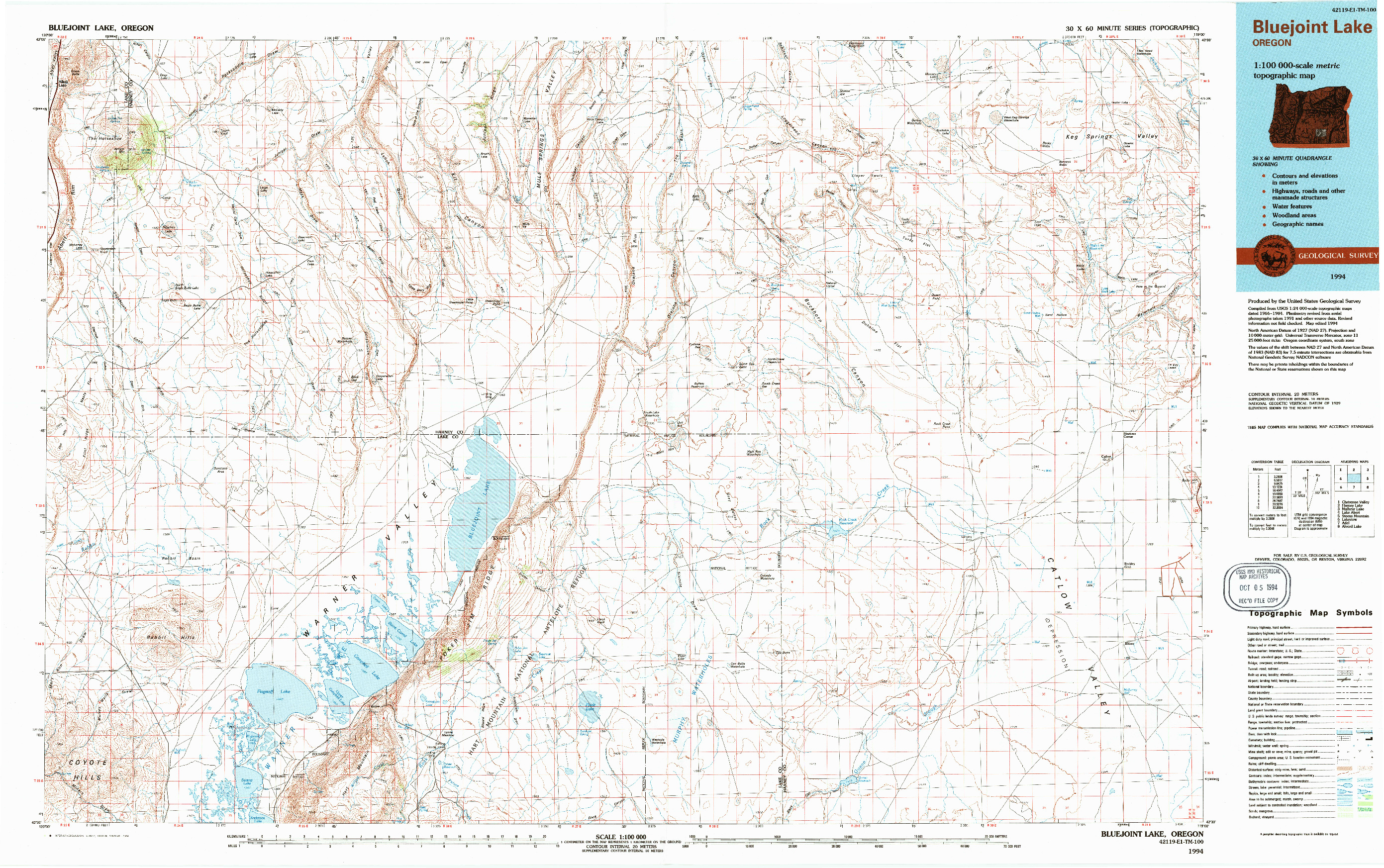 USGS 1:100000-SCALE QUADRANGLE FOR BLUEJOINT LAKE, OR 1994