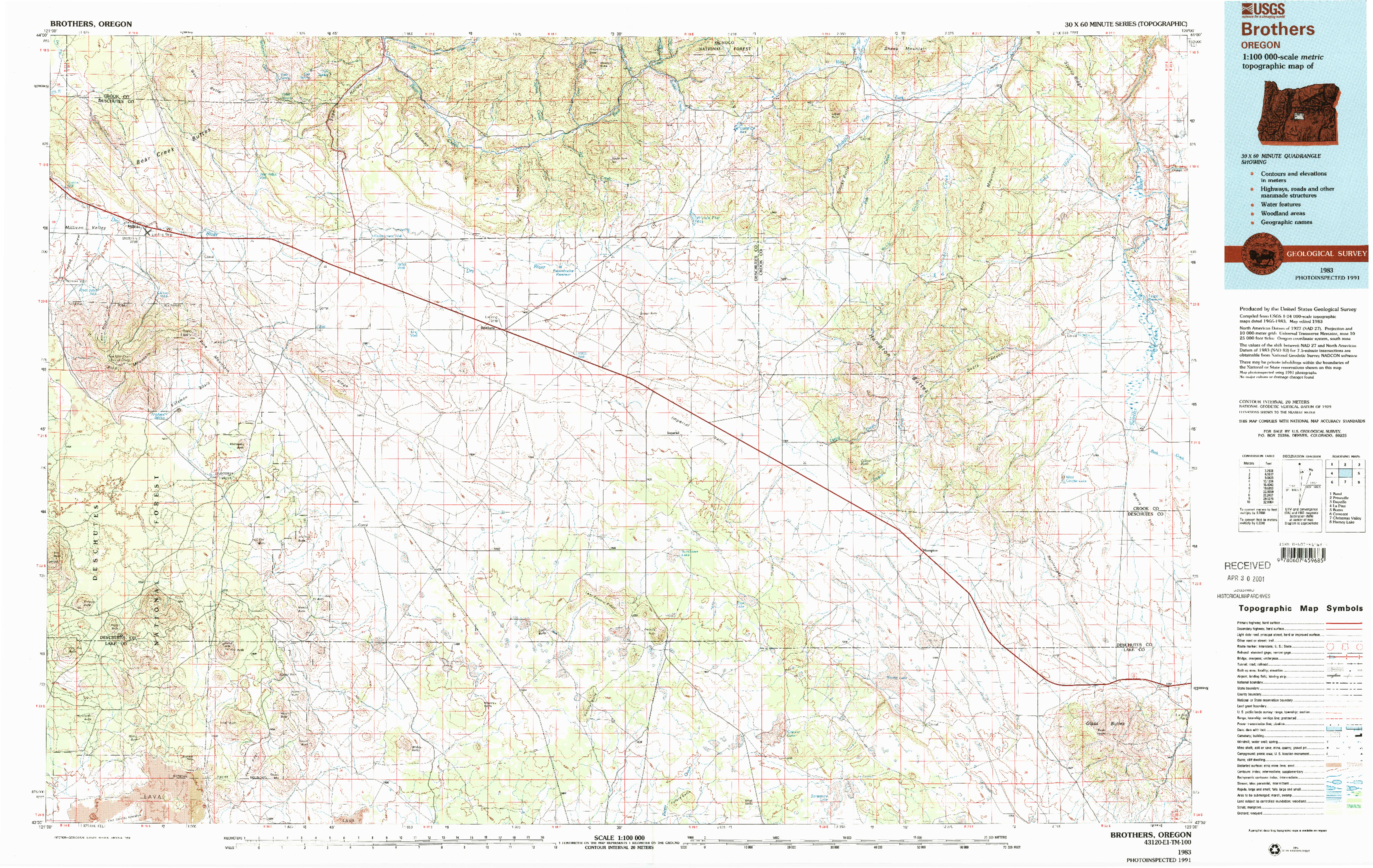 USGS 1:100000-SCALE QUADRANGLE FOR BROTHERS, OR 1983