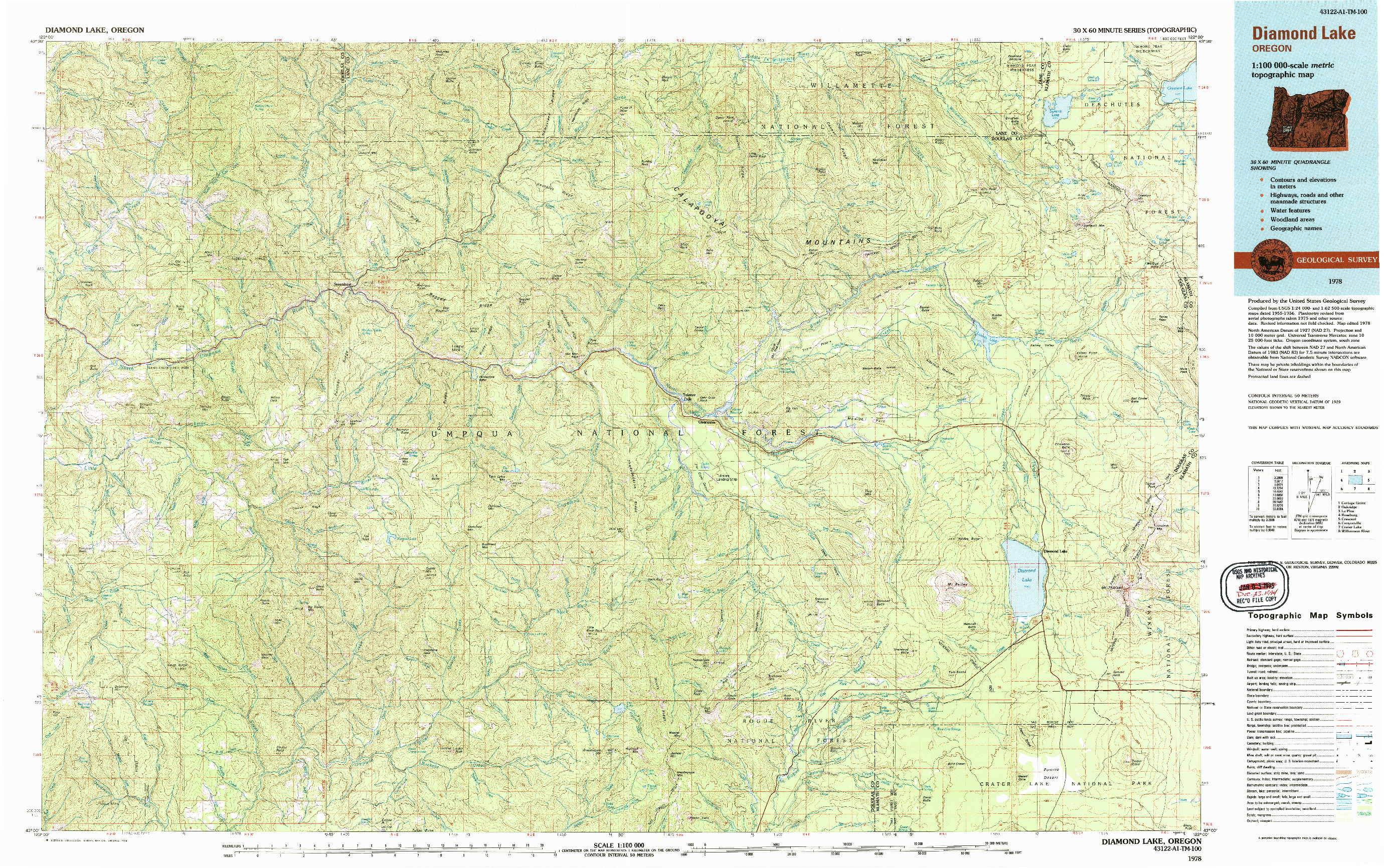 USGS 1:100000-SCALE QUADRANGLE FOR DIAMOND LAKE, OR 1978