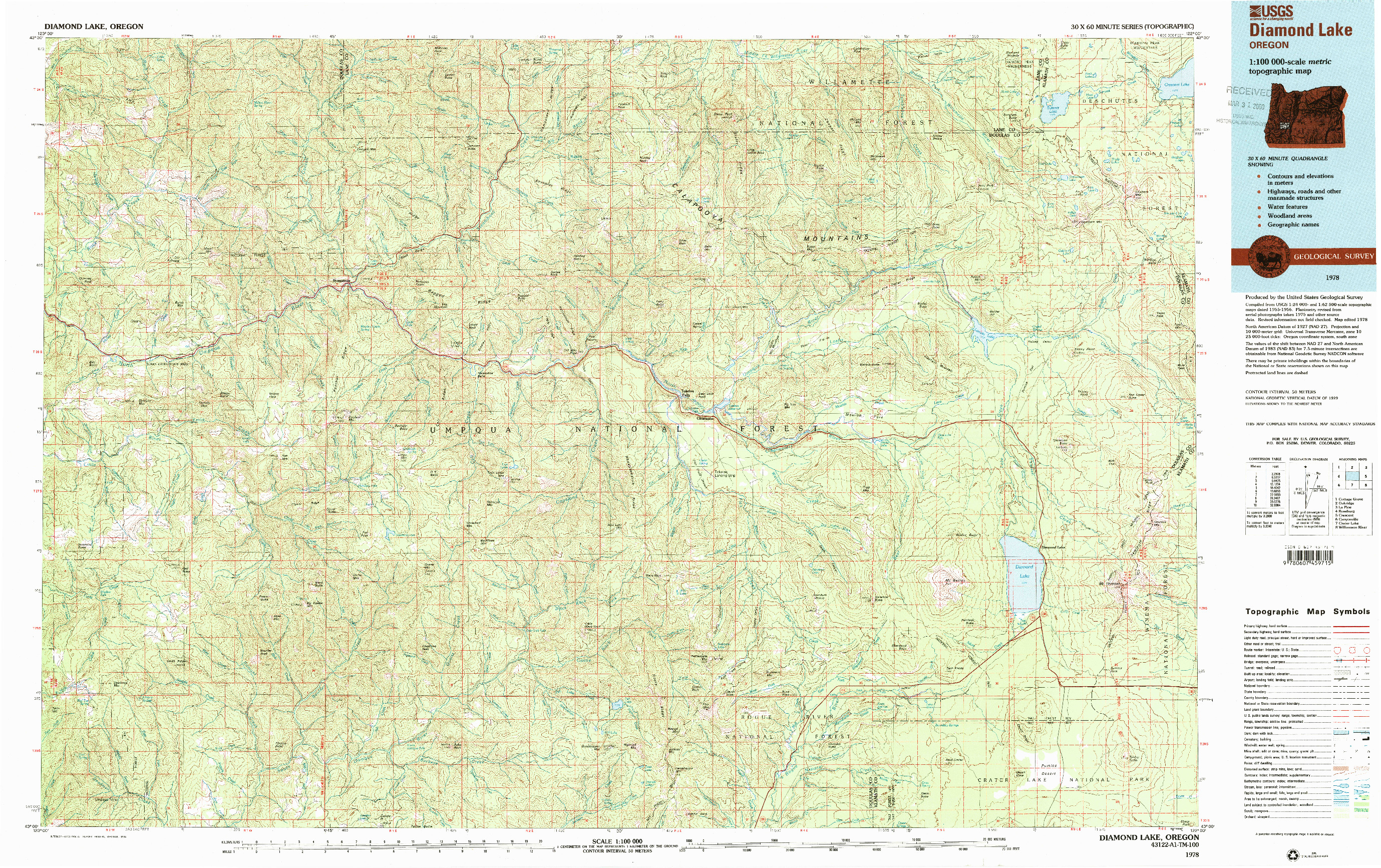 USGS 1:100000-SCALE QUADRANGLE FOR DIAMOND LAKE, OR 1978