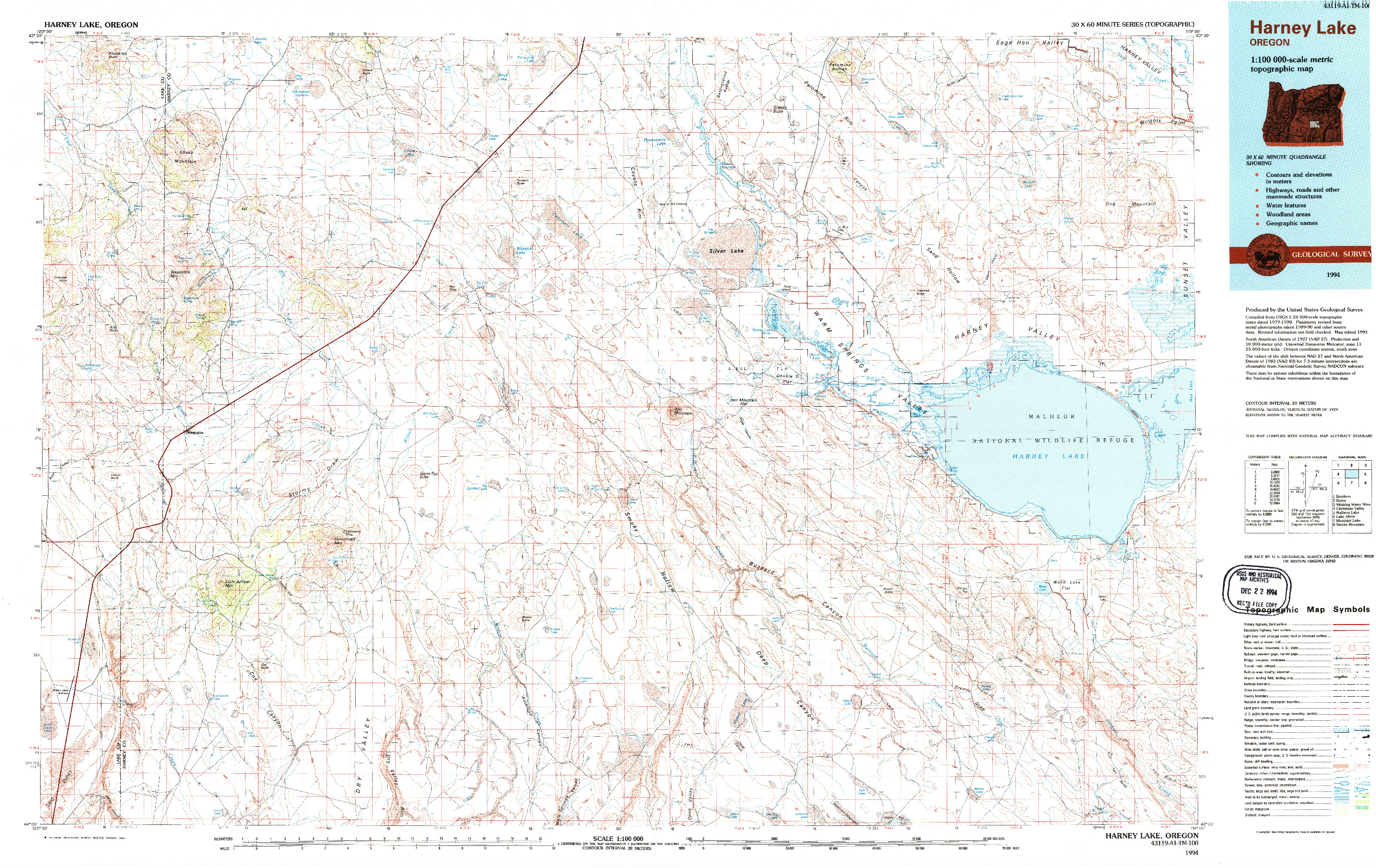 USGS 1:100000-SCALE QUADRANGLE FOR HARNEY LAKE, OR 1994