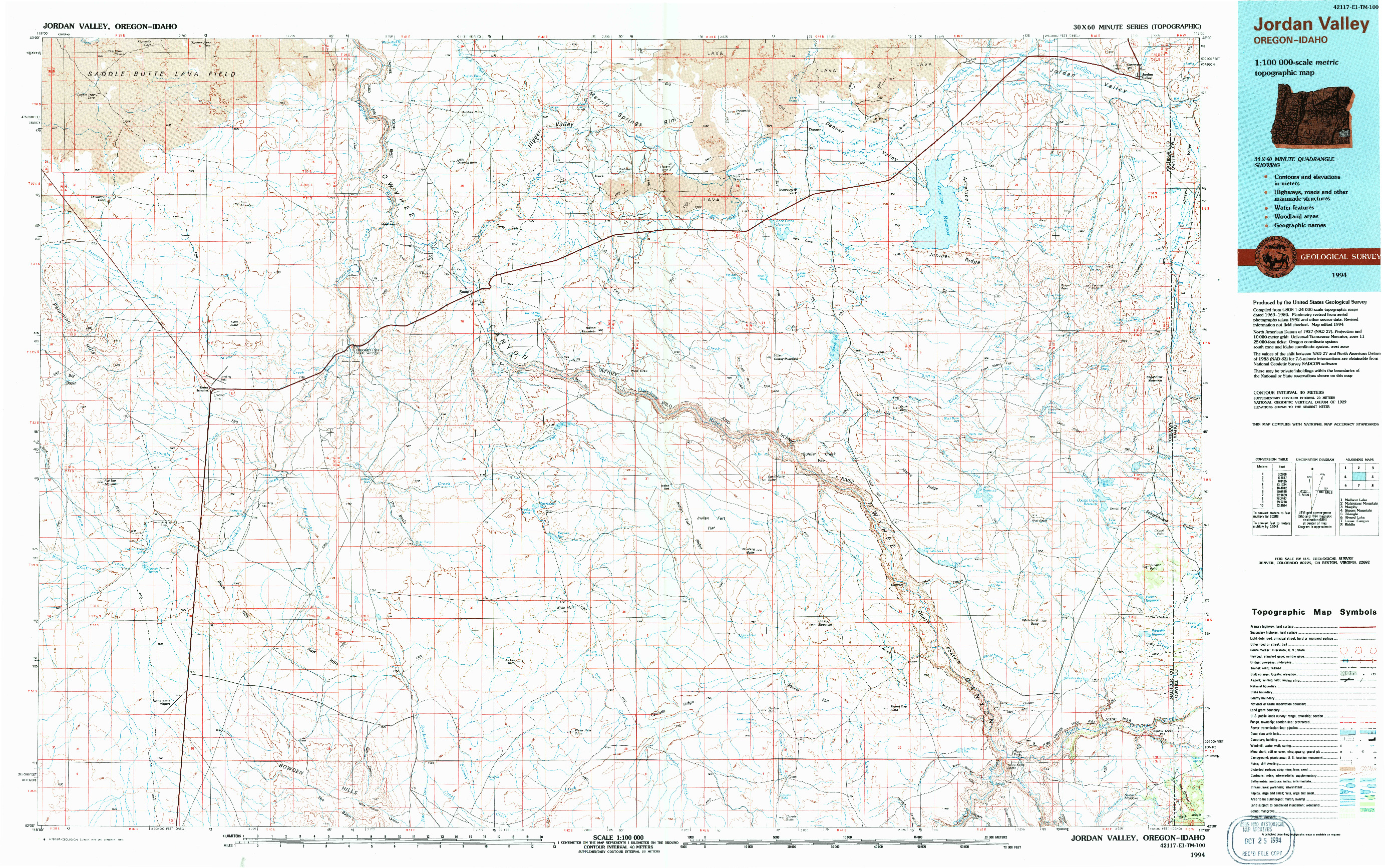 USGS 1:100000-SCALE QUADRANGLE FOR JORDAN VALLEY, OR 1994