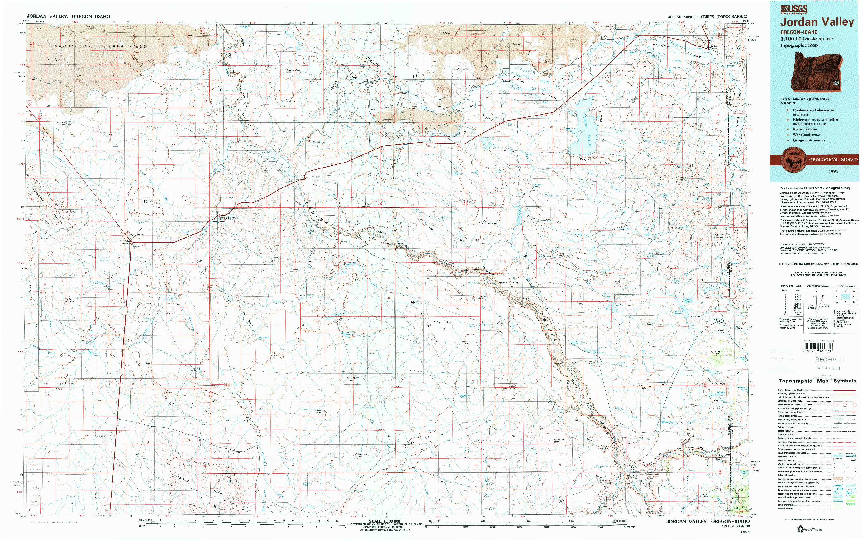 USGS 1:100000-SCALE QUADRANGLE FOR JORDAN VALLEY, OR 1994