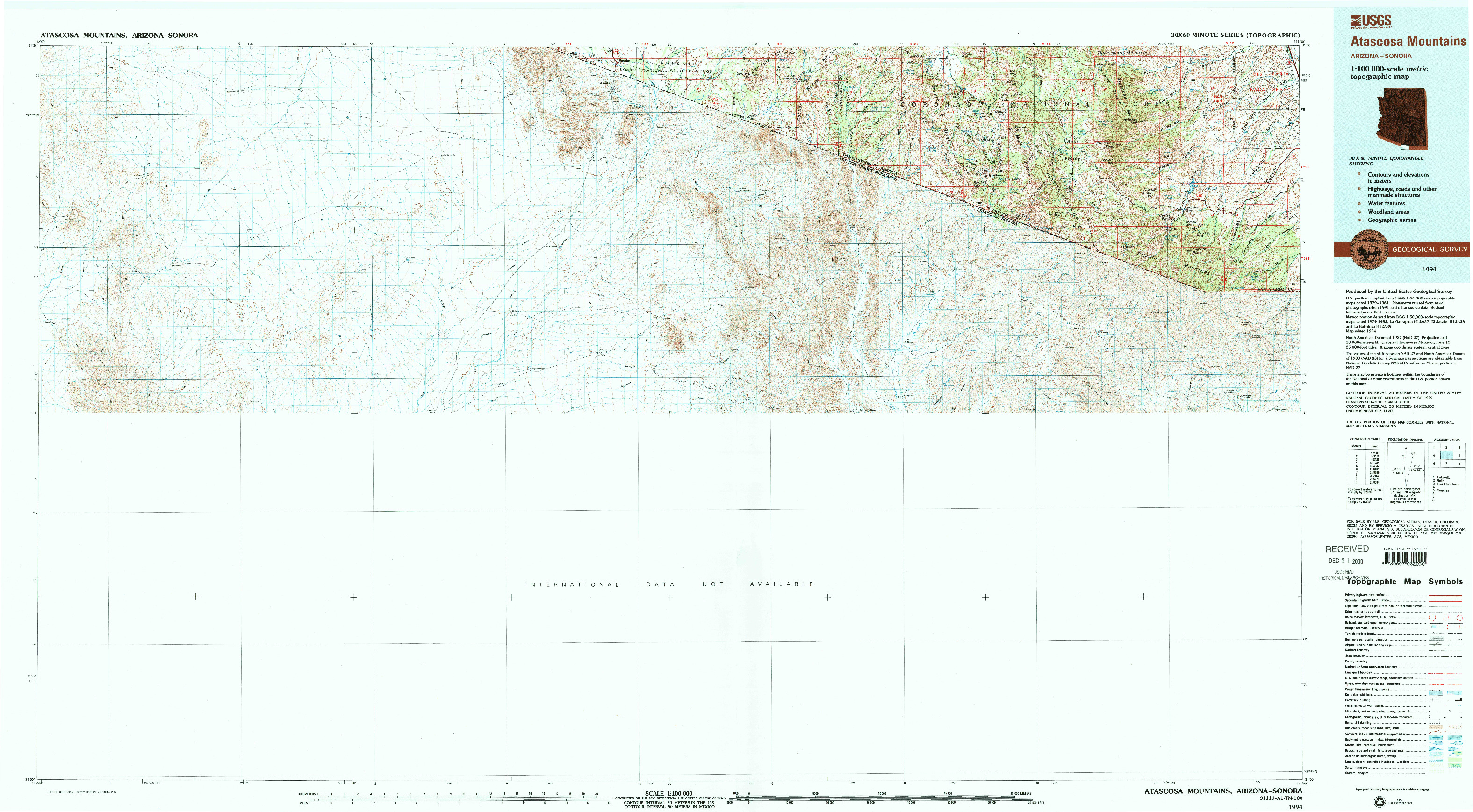 USGS 1:100000-SCALE QUADRANGLE FOR ATASCOSA MOUNTAINS, AZ 1994