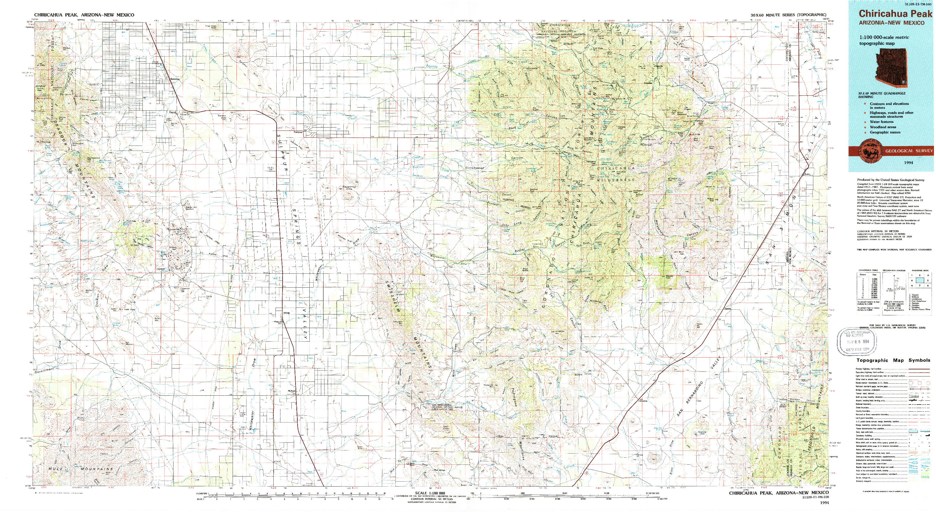 USGS 1:100000-SCALE QUADRANGLE FOR CHIRICAHUA PEAK, AZ 1994
