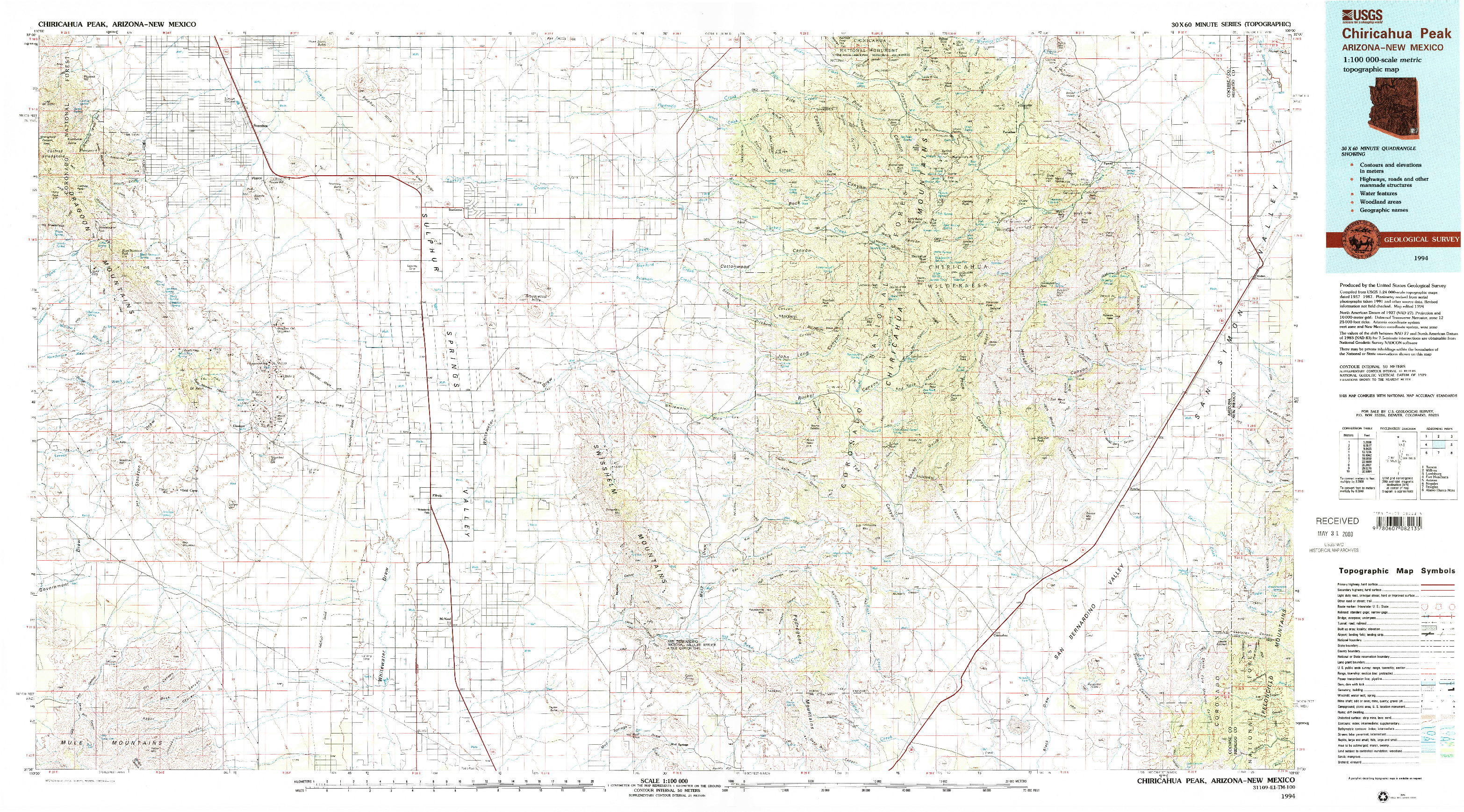 USGS 1:100000-SCALE QUADRANGLE FOR CHIRICAHUA PEAK, AZ 1994