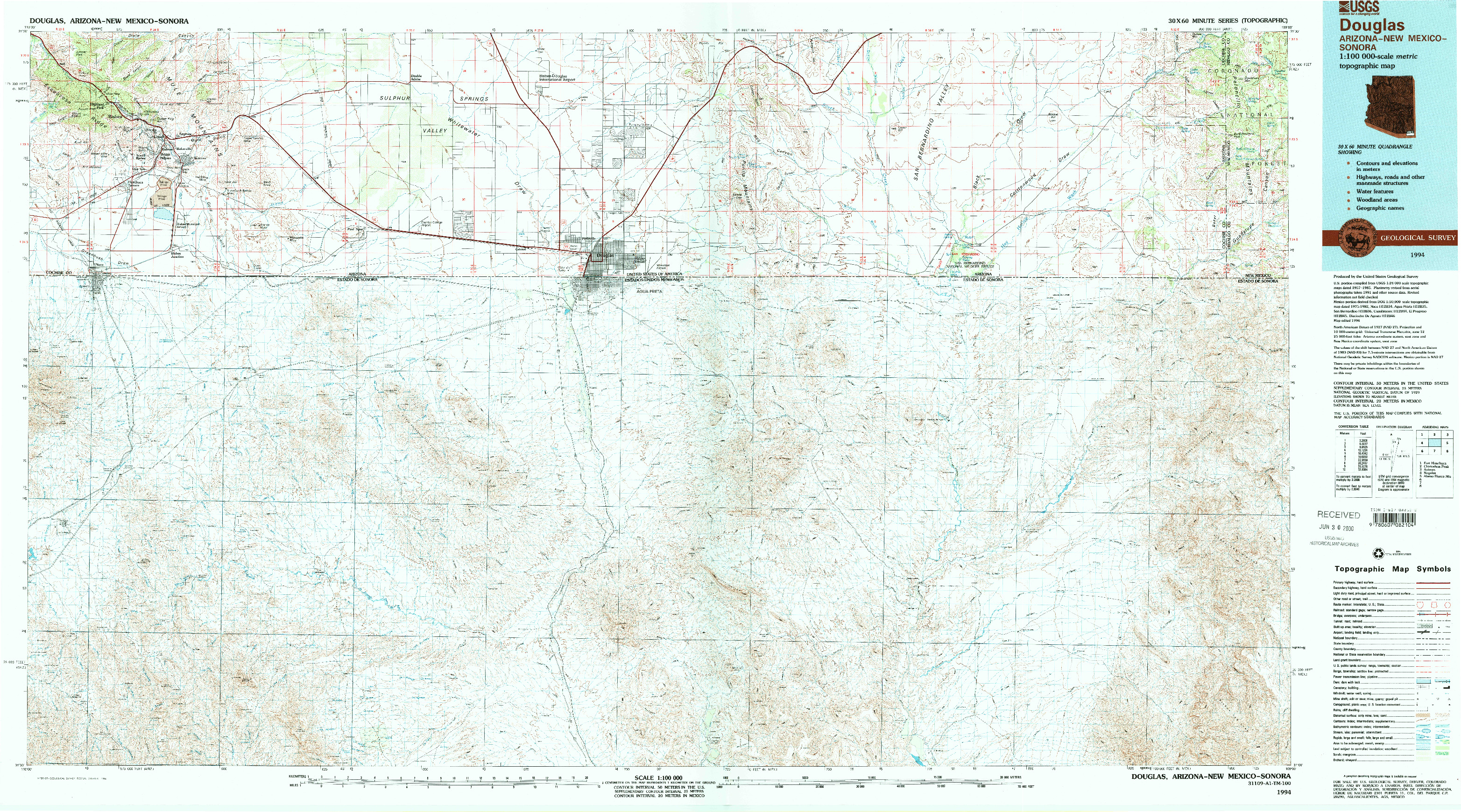 USGS 1:100000-SCALE QUADRANGLE FOR DOUGLAS, AZ 1994